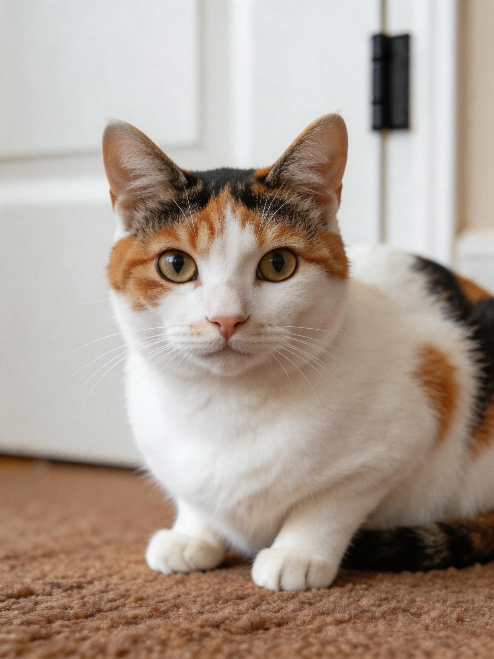 A calico cat with orange, black, and white fur rests on a brown carpet near a white door