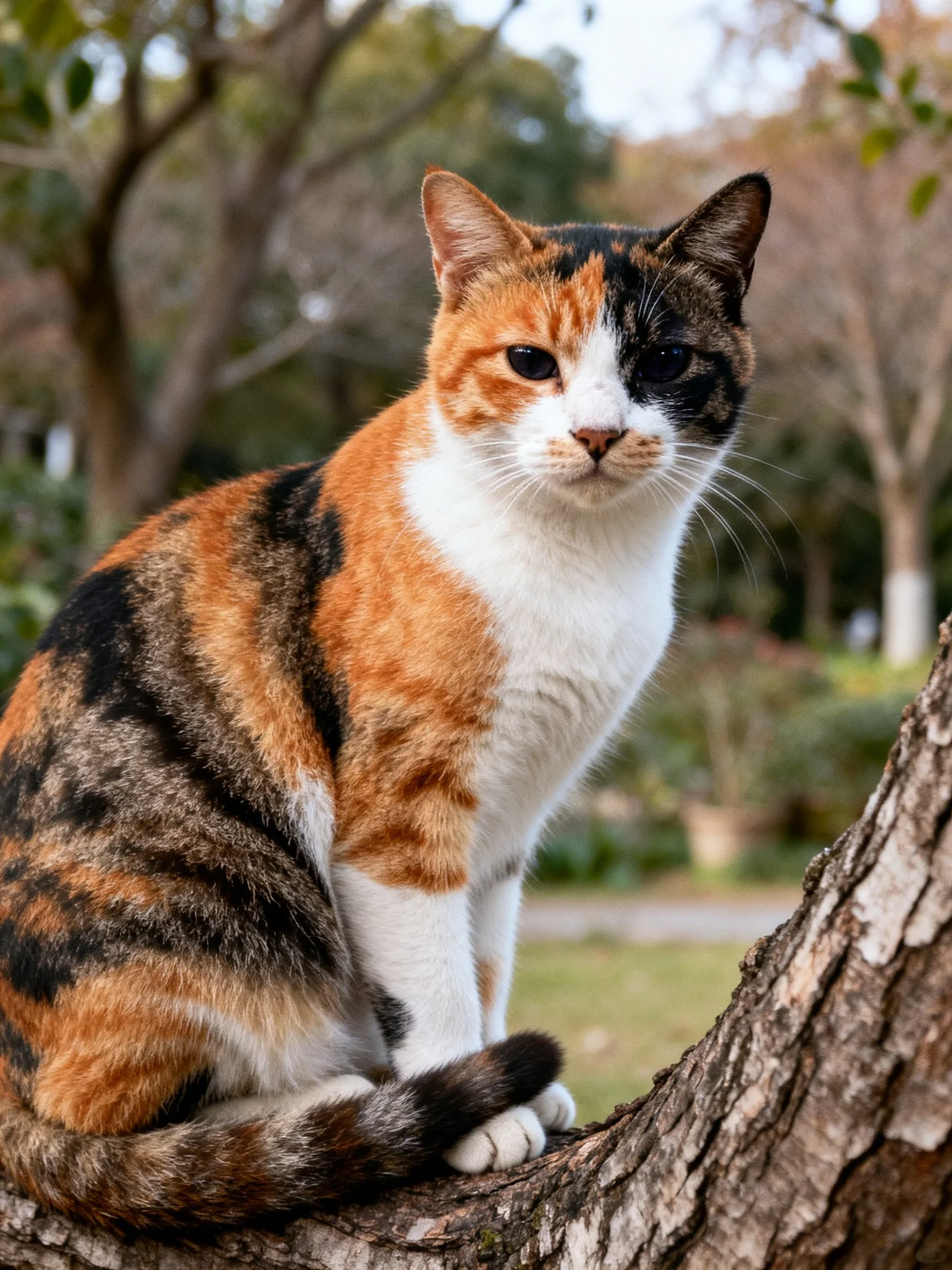 A calico cat with multicolored fur rests on a tree branch in an outdoor setting
