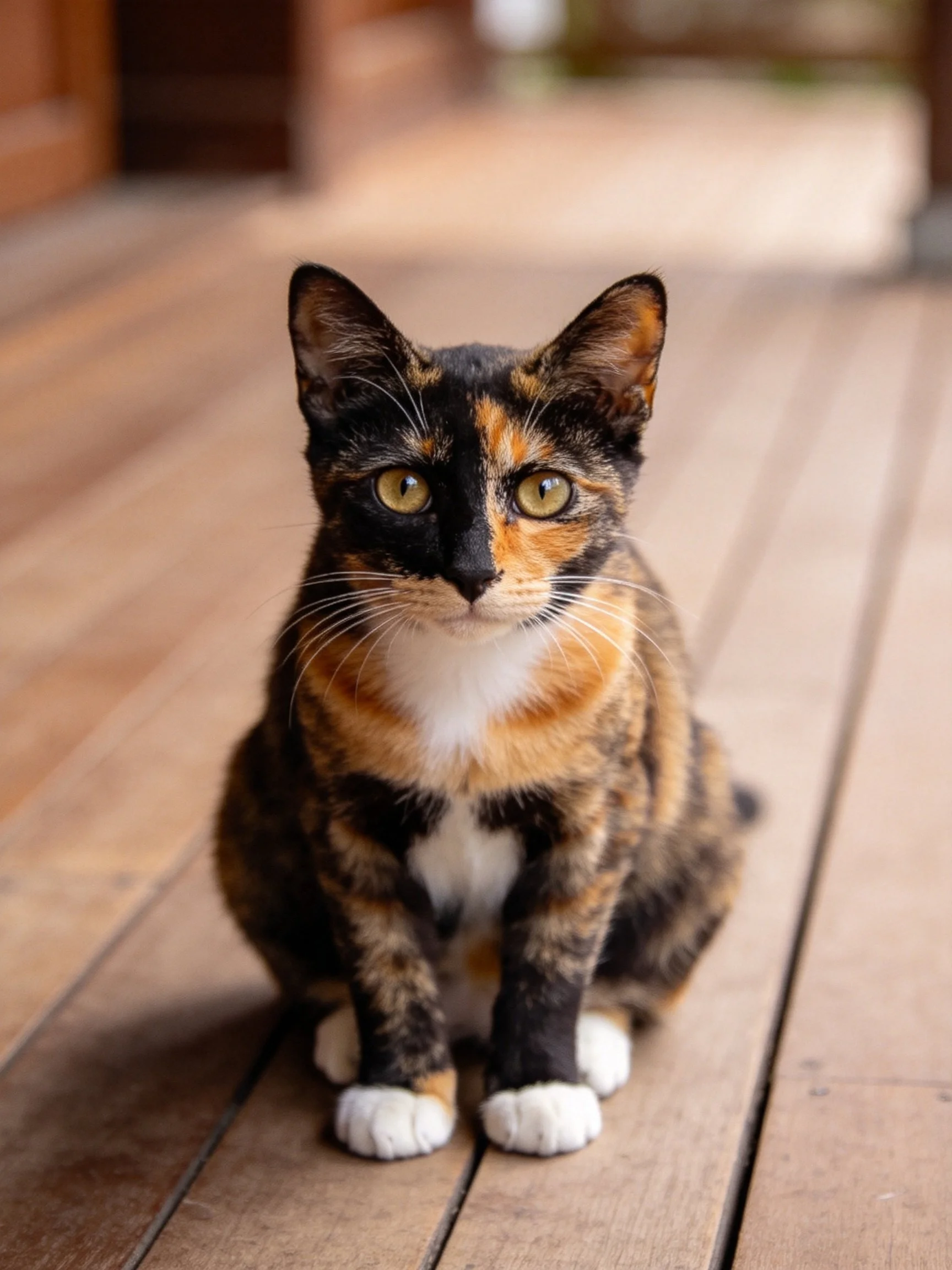 A calico cat sits calmly on a wooden deck.