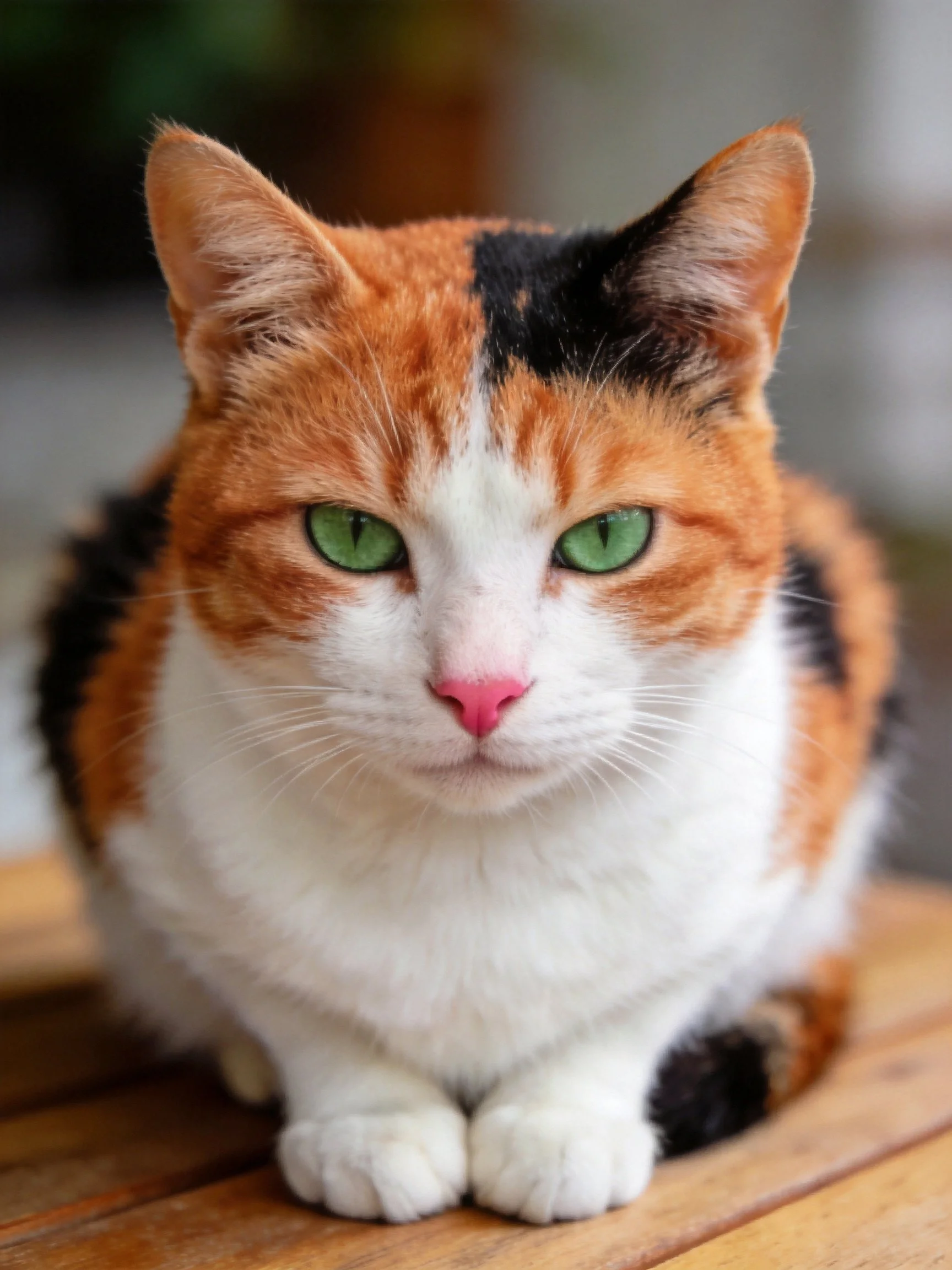 A calico cat with orange, black, and white fur sits calmly on a wooden surface