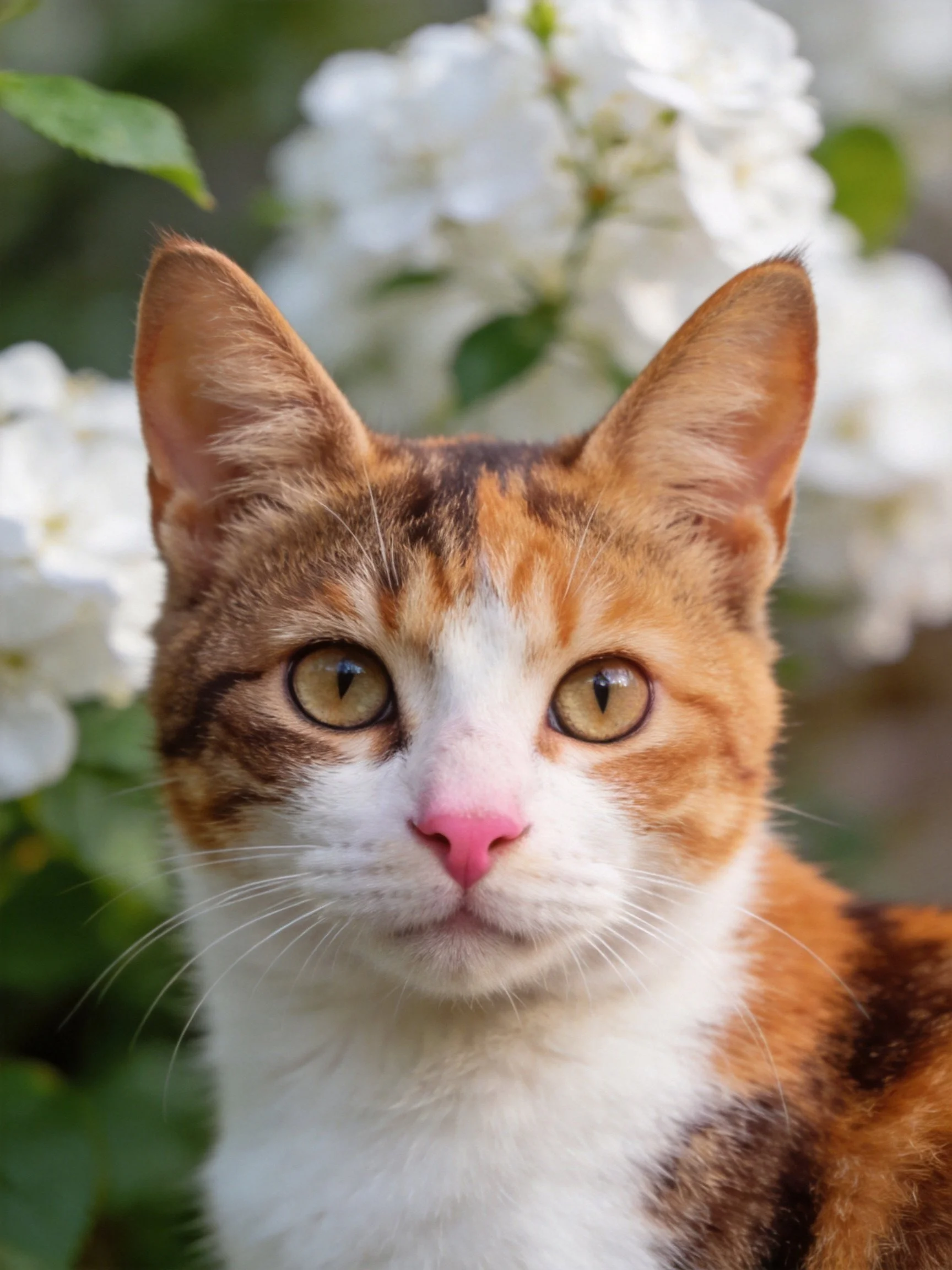 A calico cat with orange, brown, and white fur stands among white flowers.