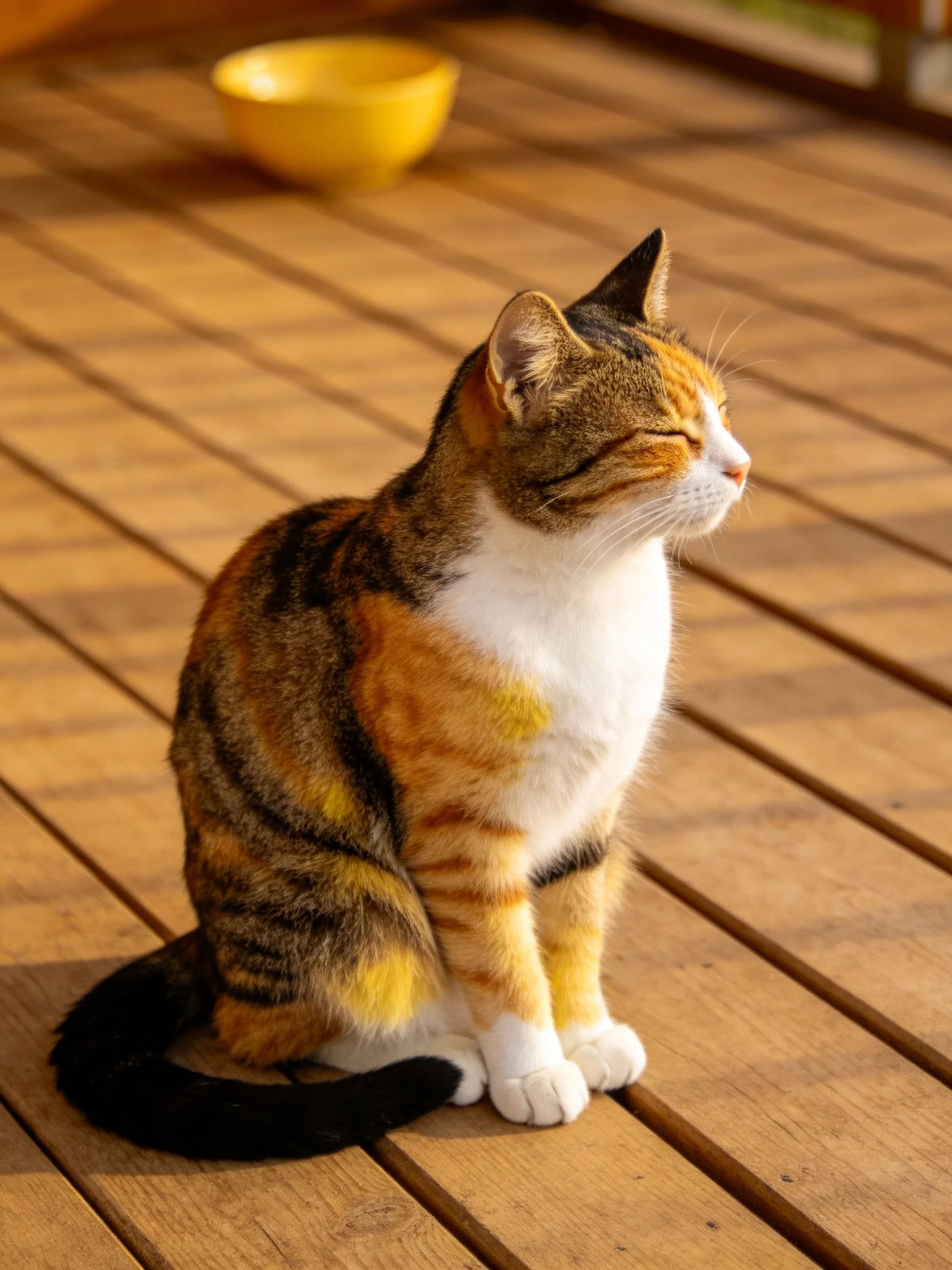 A calico cat sits calmly on a wooden deck next to a yellow bowl