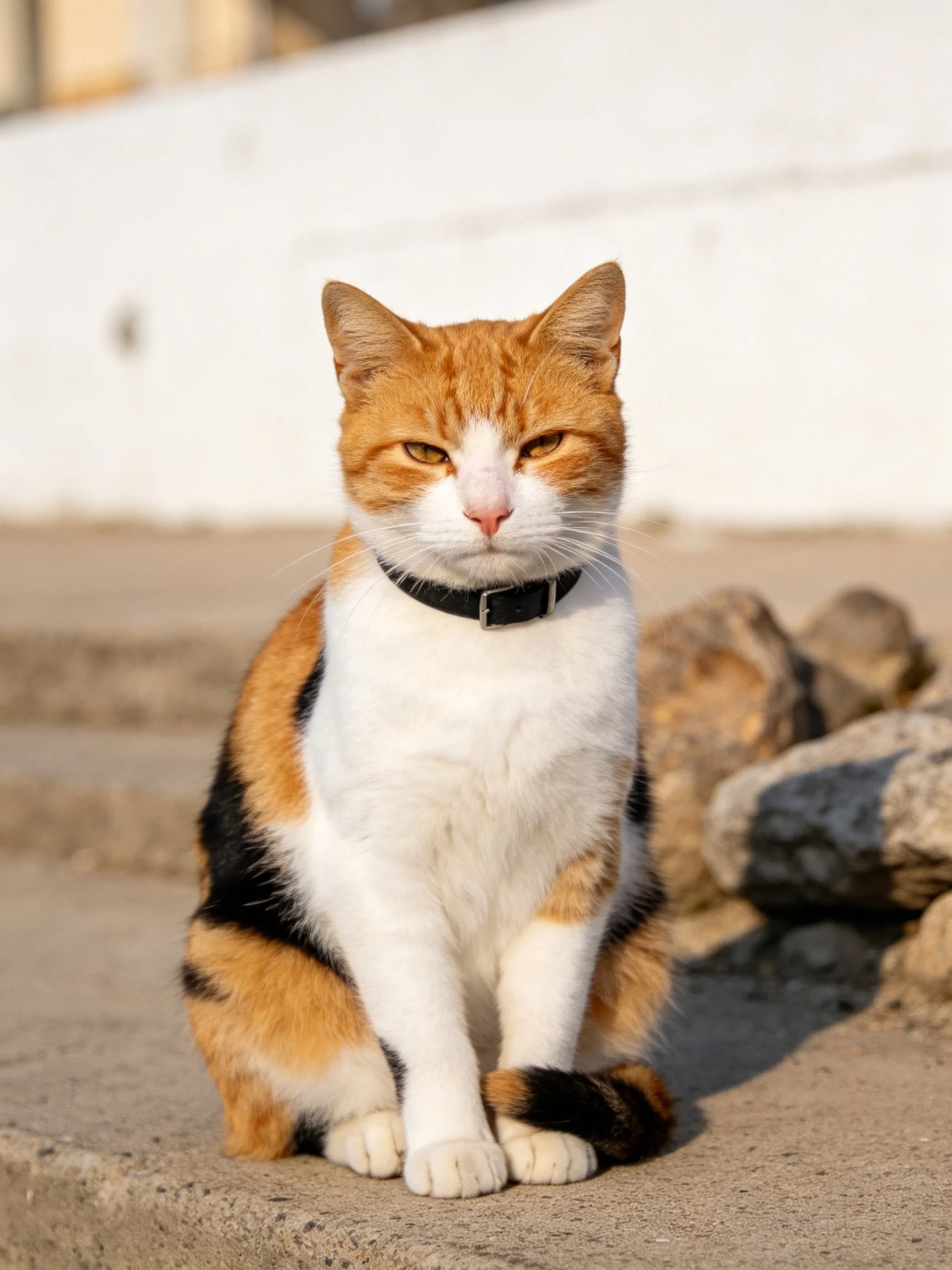 A calico cat with orange, white, and black fur sits calmly on concrete near rocks