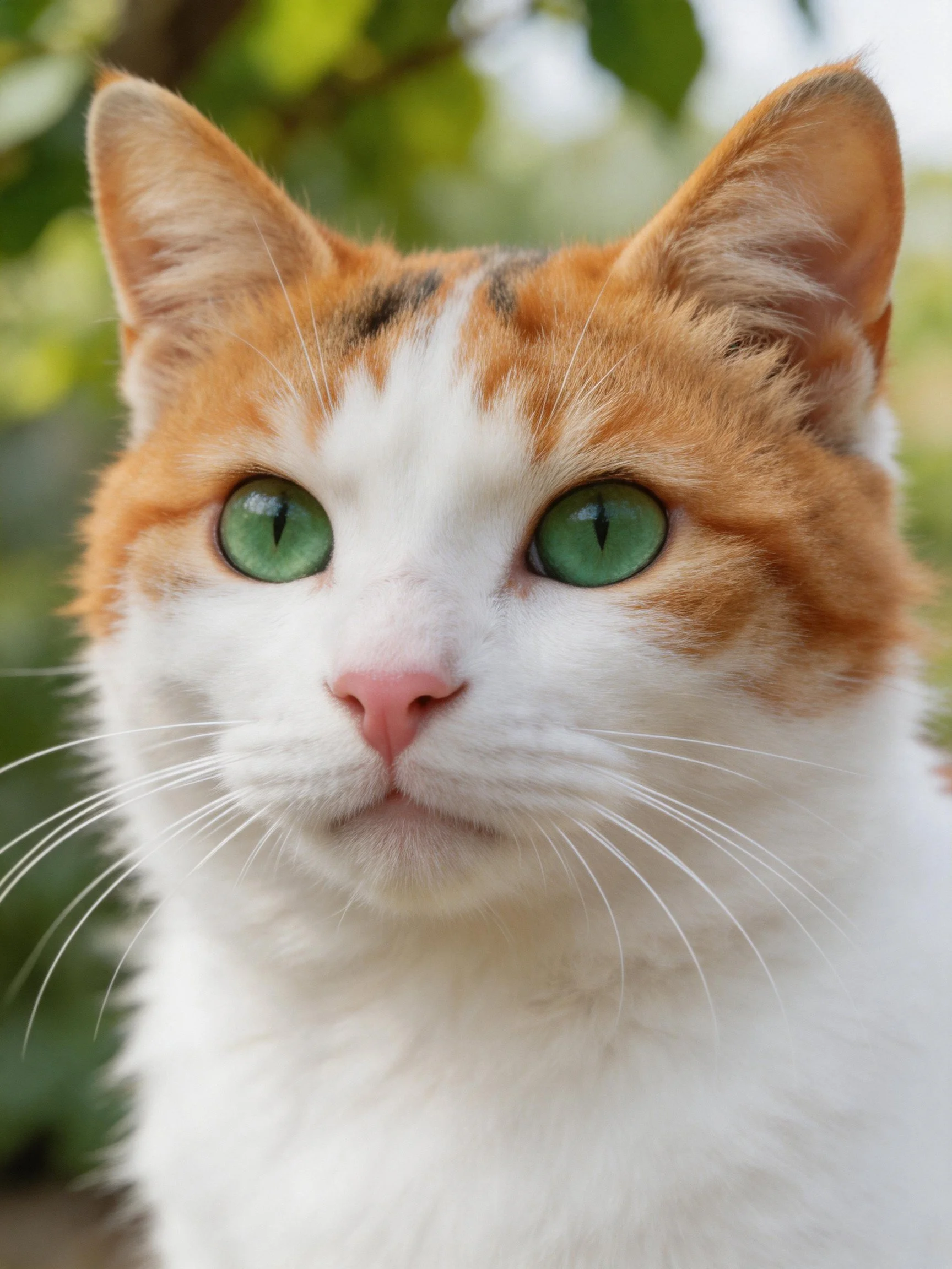 A calico cat with orange and white fur and green eyes is shown in a close - up.