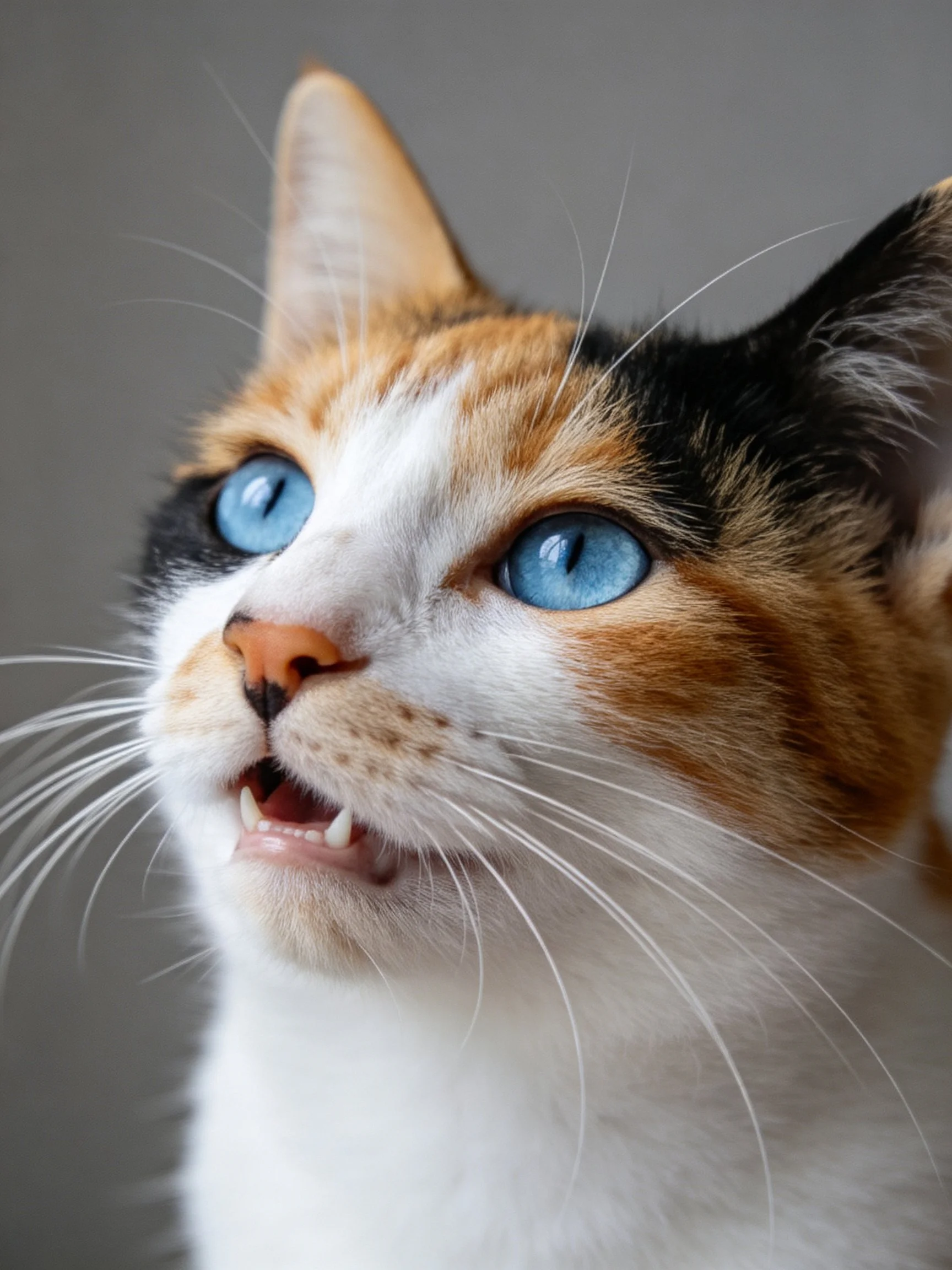 A calico cat with striking blue eyes and multicolor fur