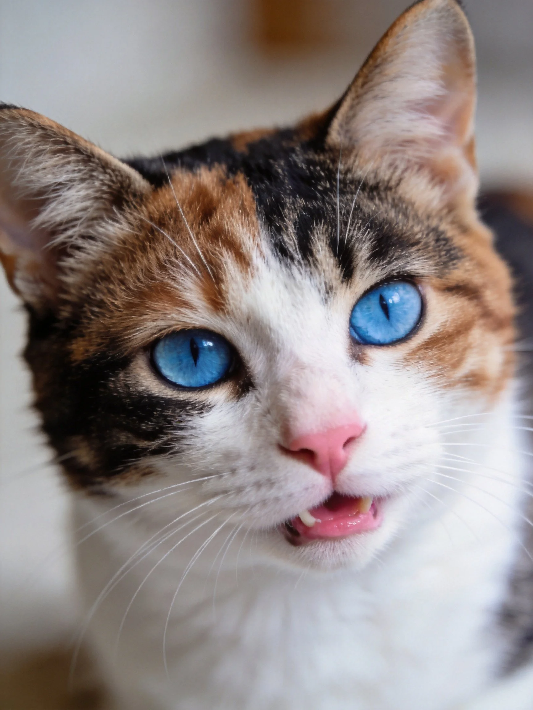 A calico cat with blue eyes is photographed in close-up