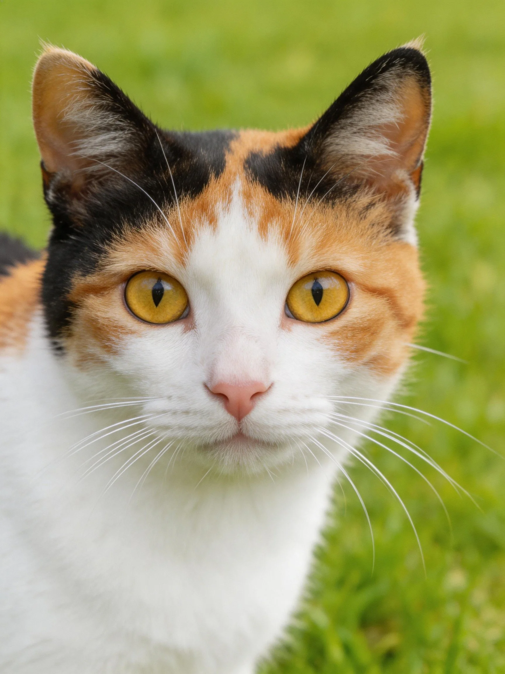 A calico cat with tri - colored fur and bright yellow eyes on green grass