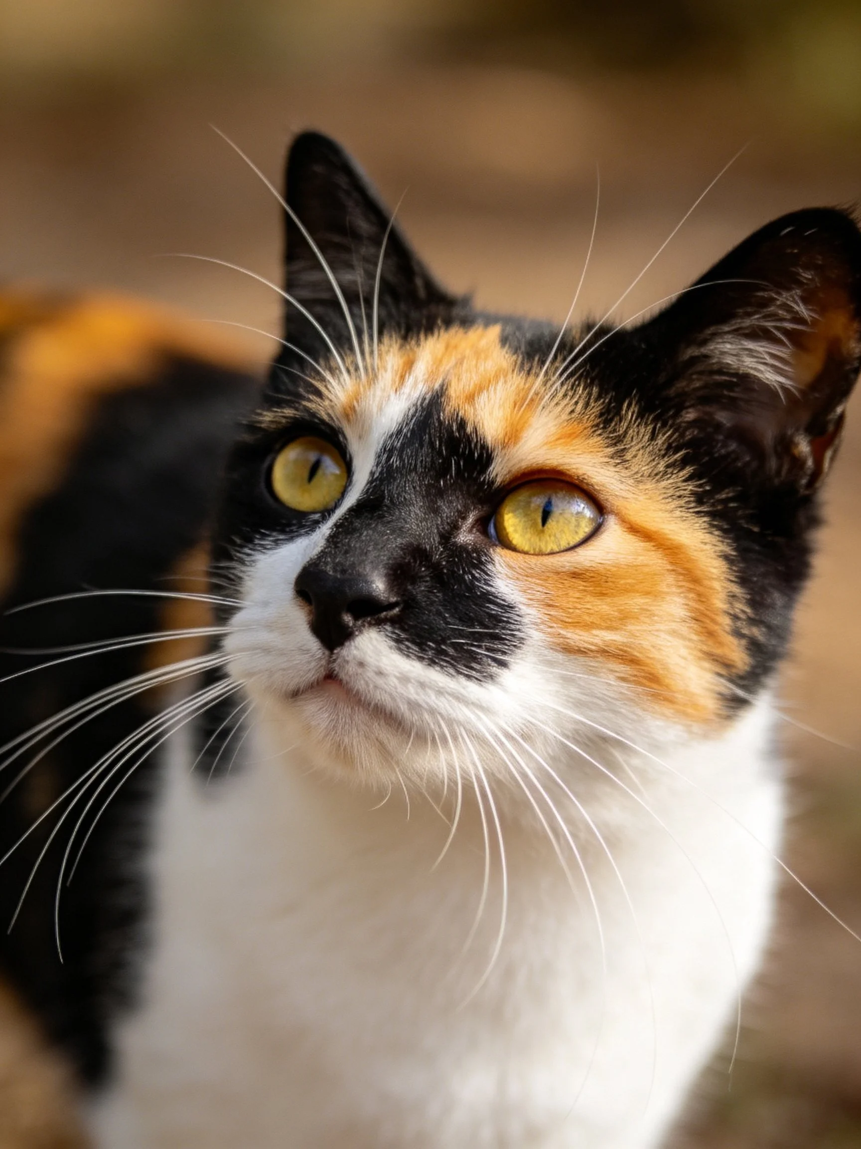 A close - up of a calico cat with distinct color patches looks upward.