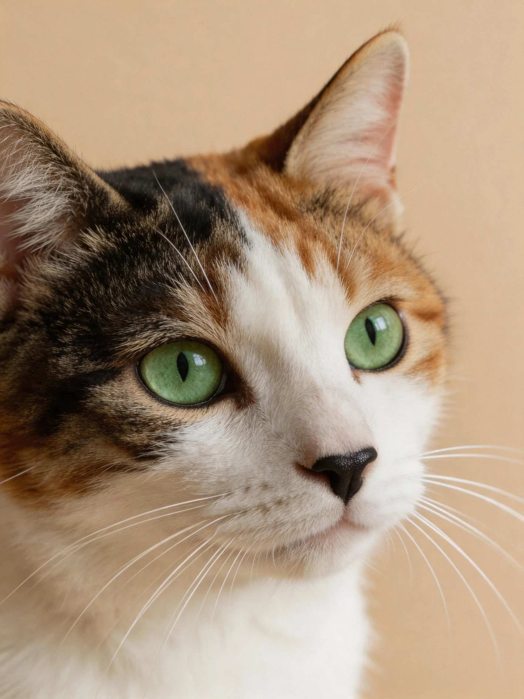 A close - up of a calico cat with striking green eyes on a plain background.