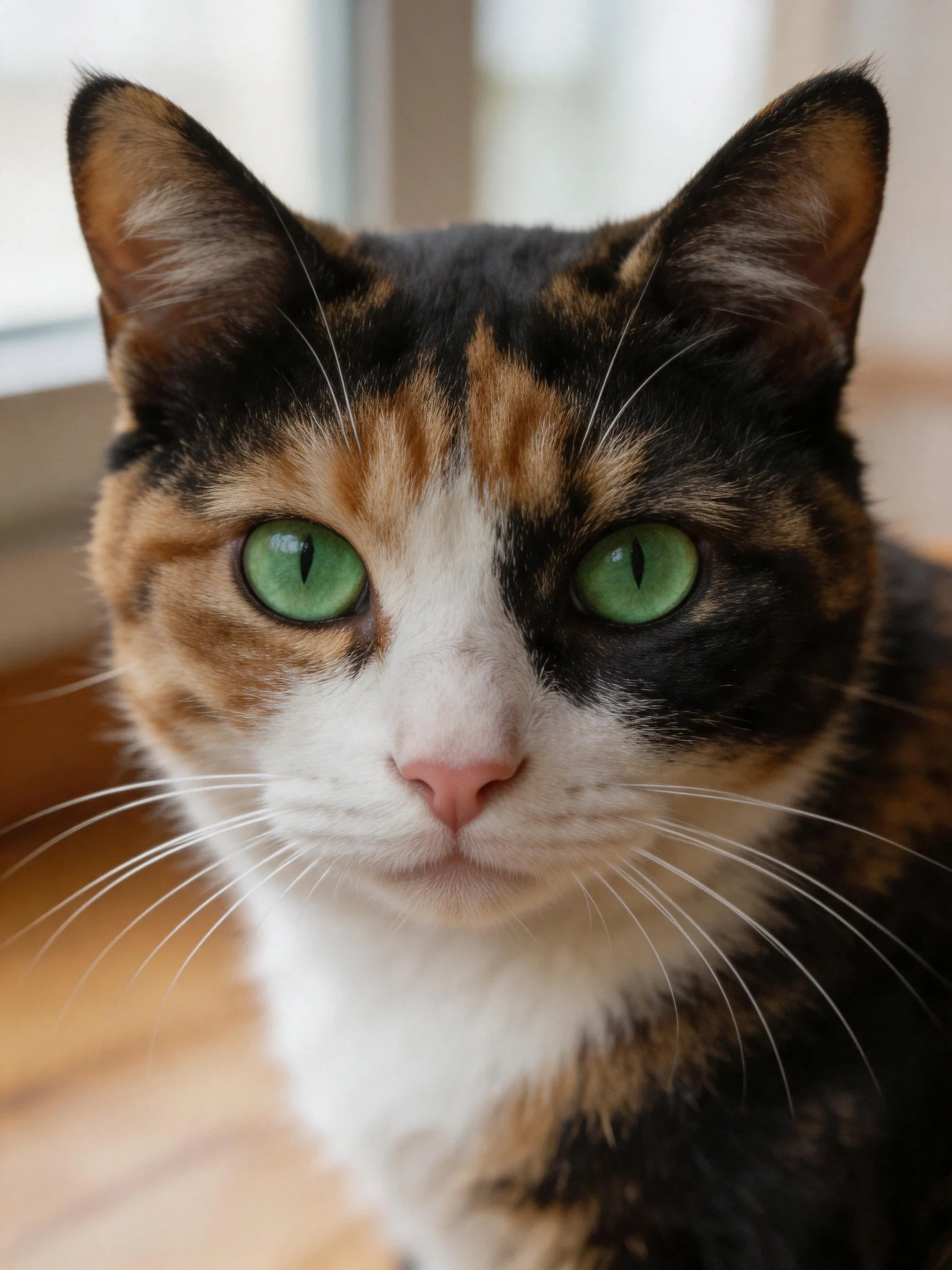 Close-up of a calico cat with bright green eyes and varied fur.