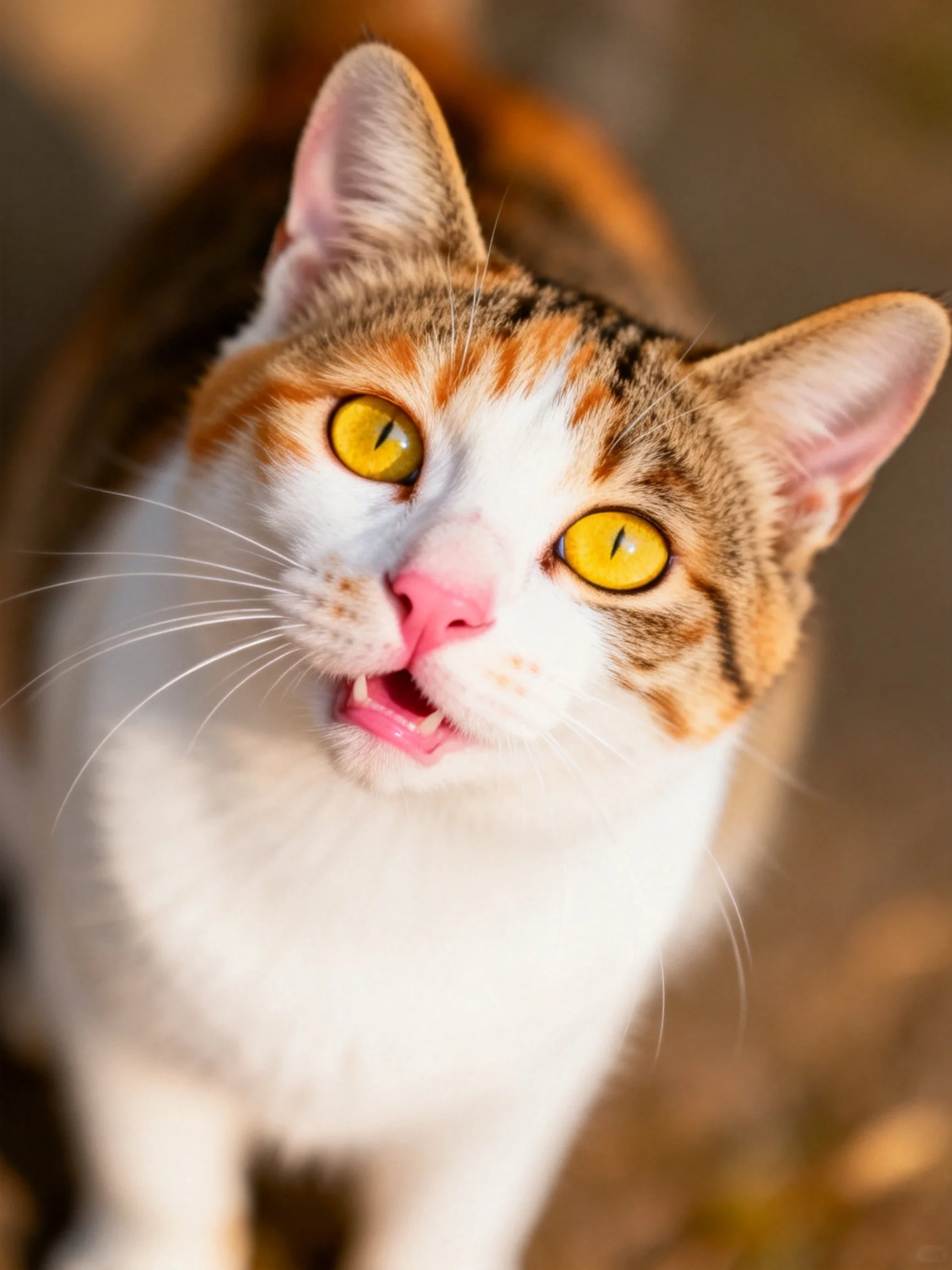 A close - up of a calico cat with vibrant yellow eyes.