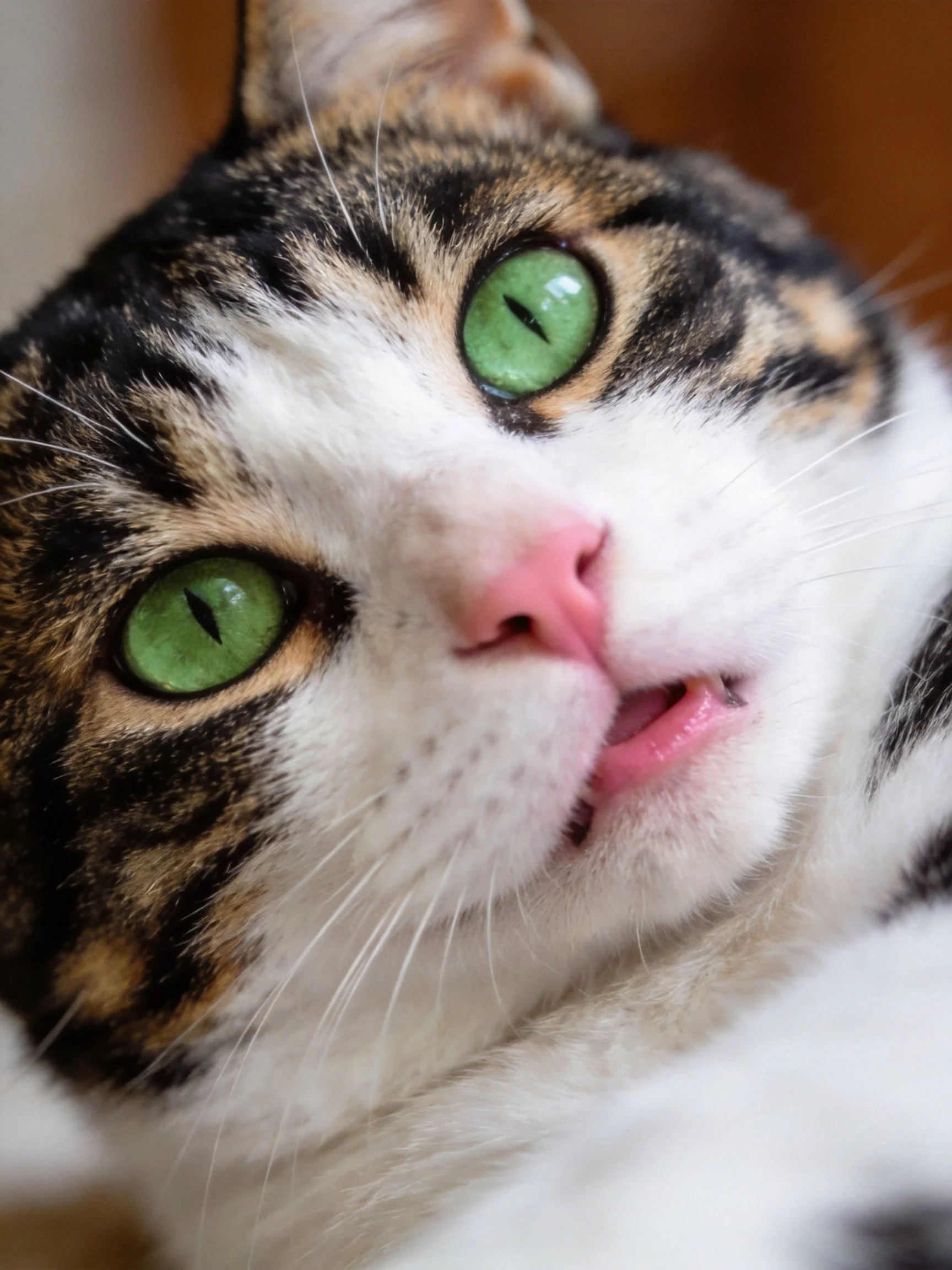 A calico cat with vivid green eyes and pink nose