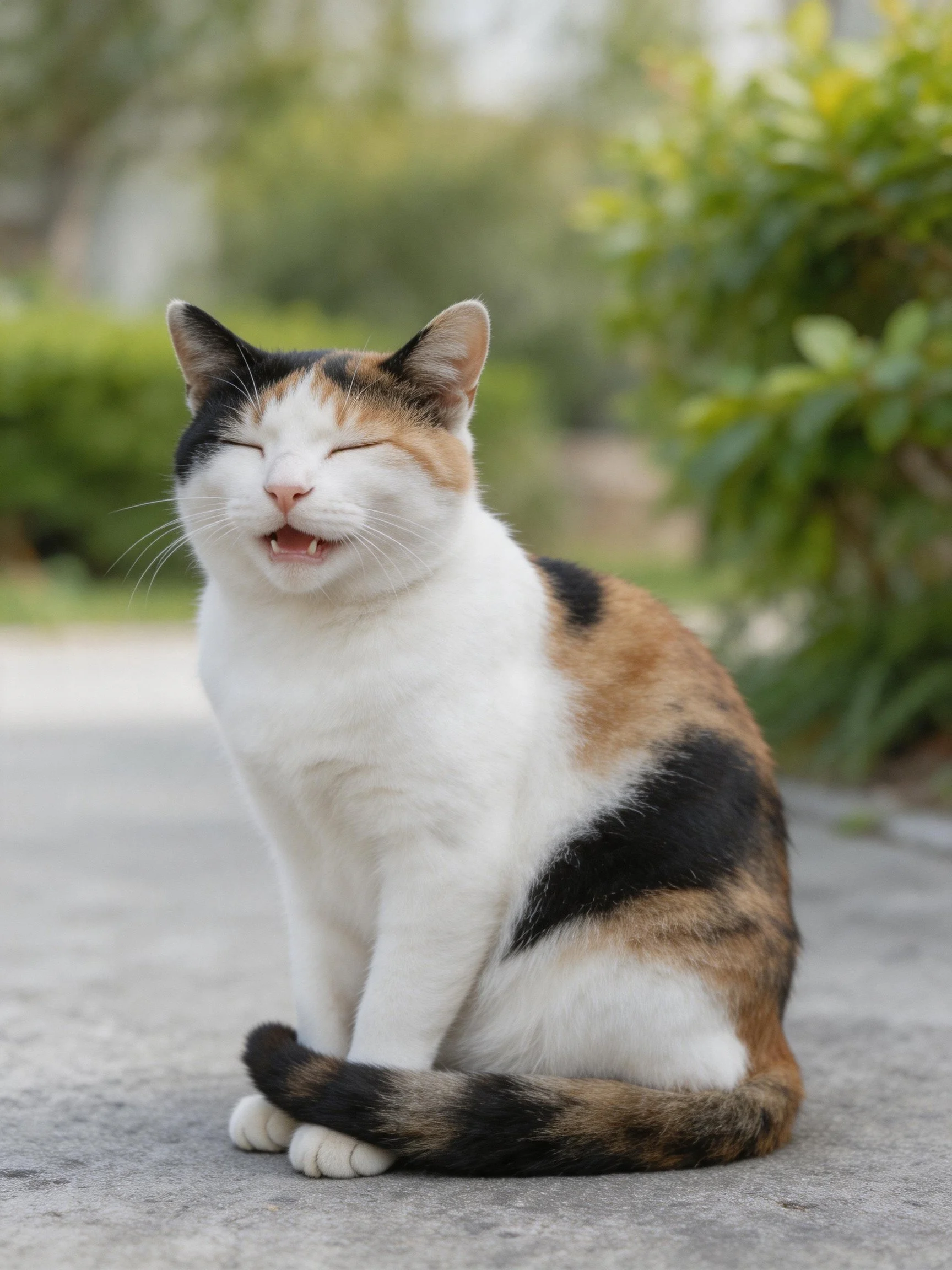 A calico cat sits outdoors peacefully.