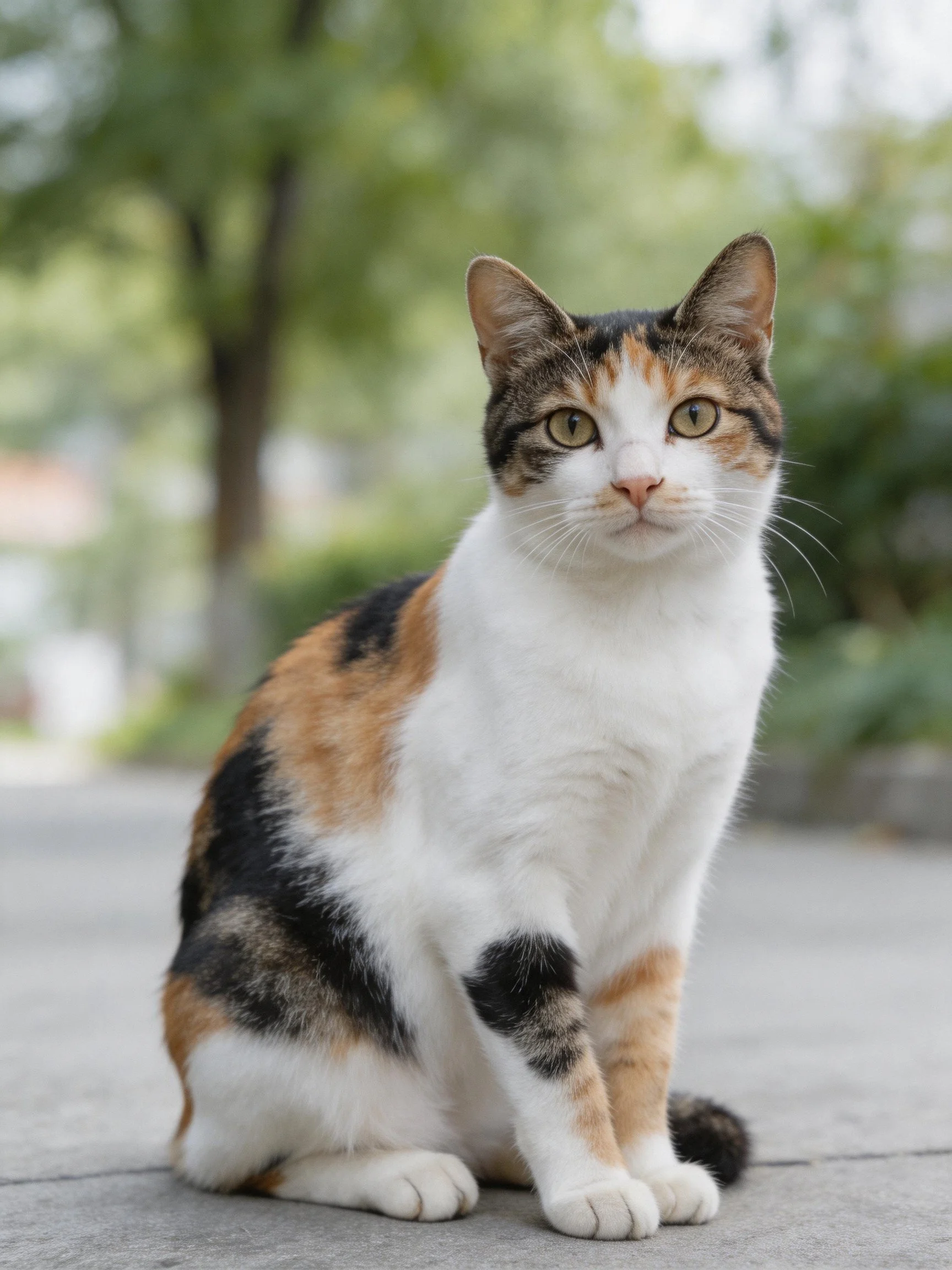 A calico cat sits calmly on pavement near greenery