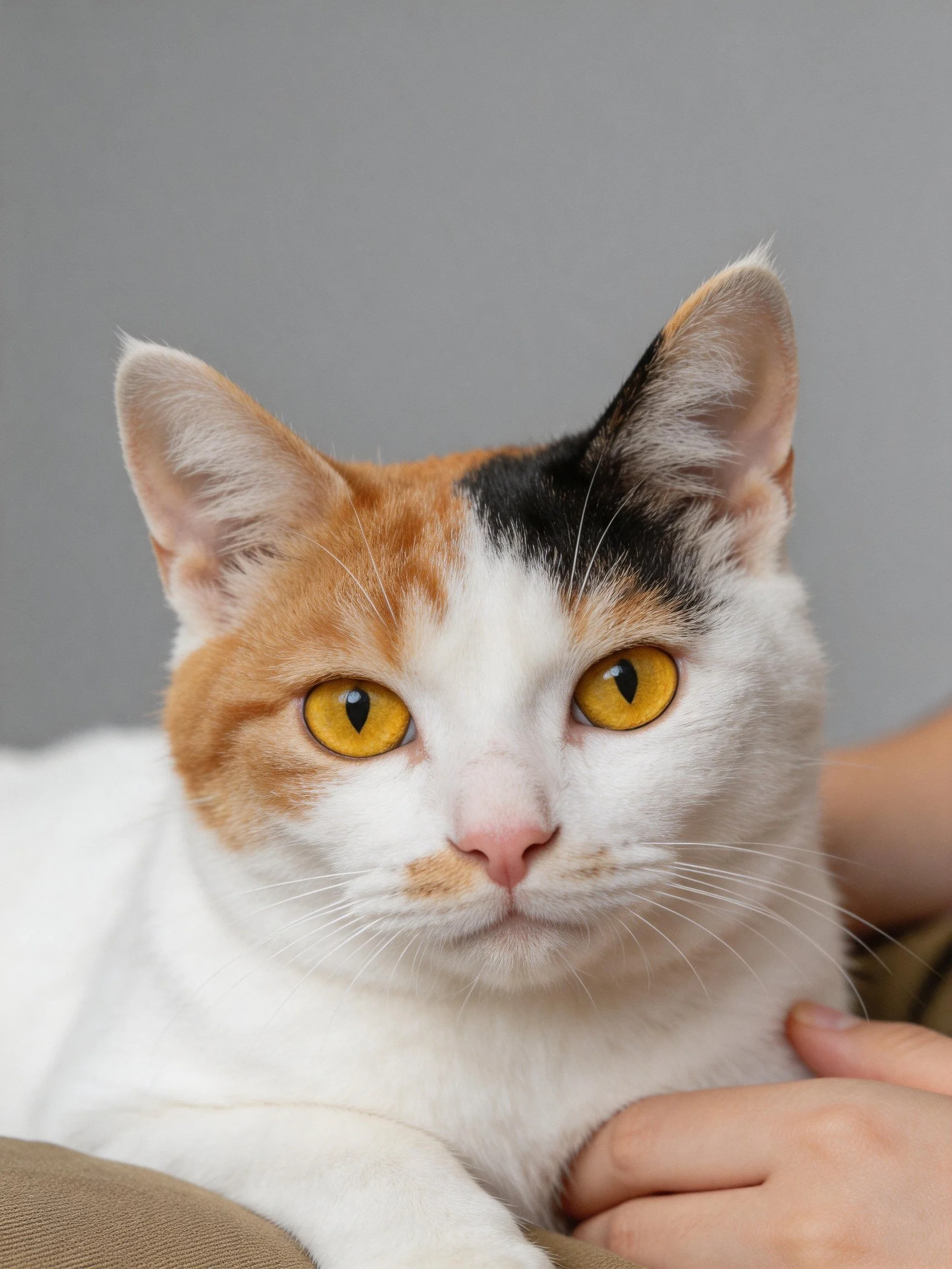 A calico cat with bright yellow eyes is being gently held.