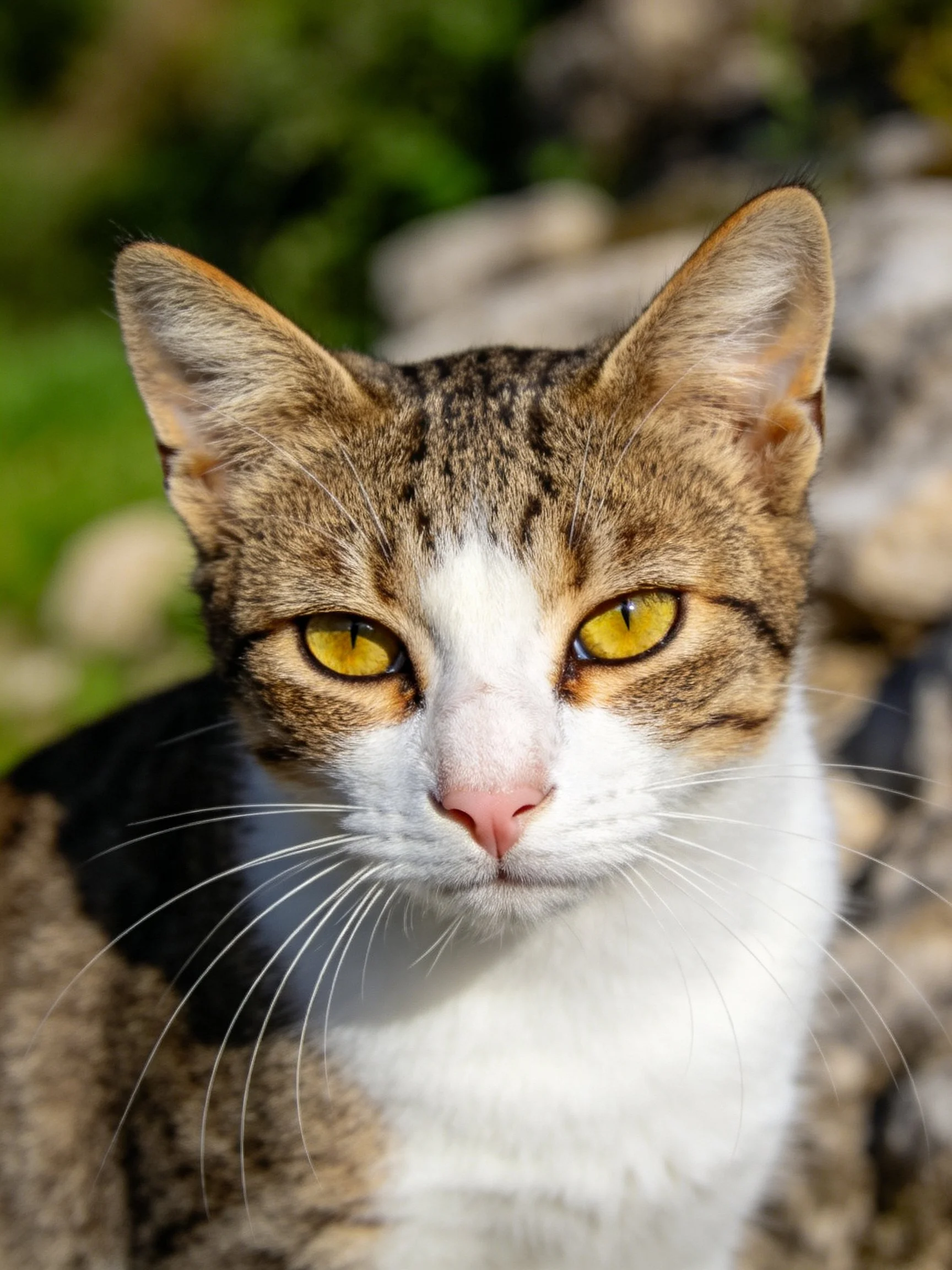 A calico cat with yellow eyes and white markings