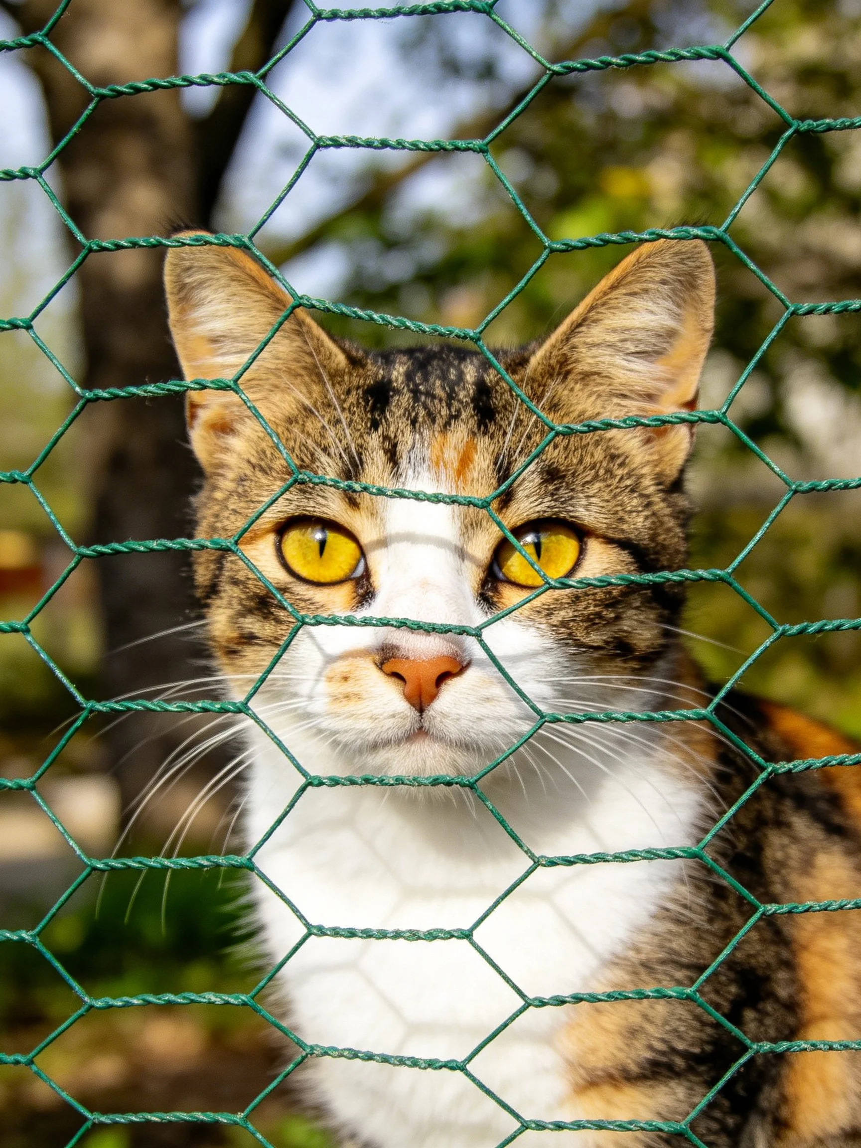 A calico cat with yellow eyes behind a green hexagonal mesh fence