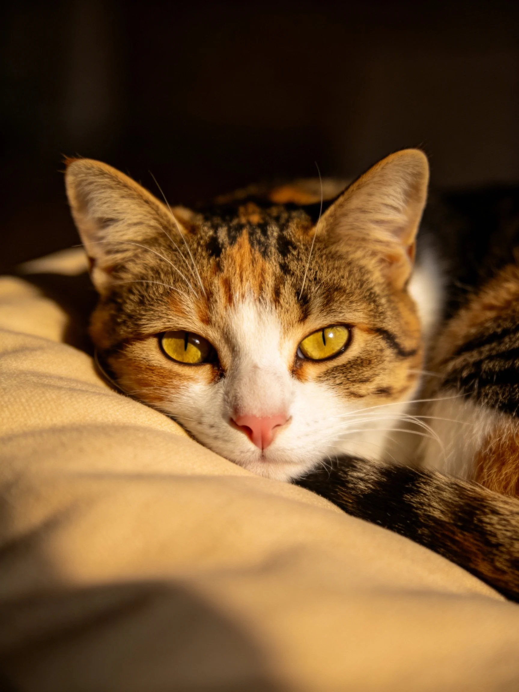 A calico cat with yellow eyes rests on a beige fabric