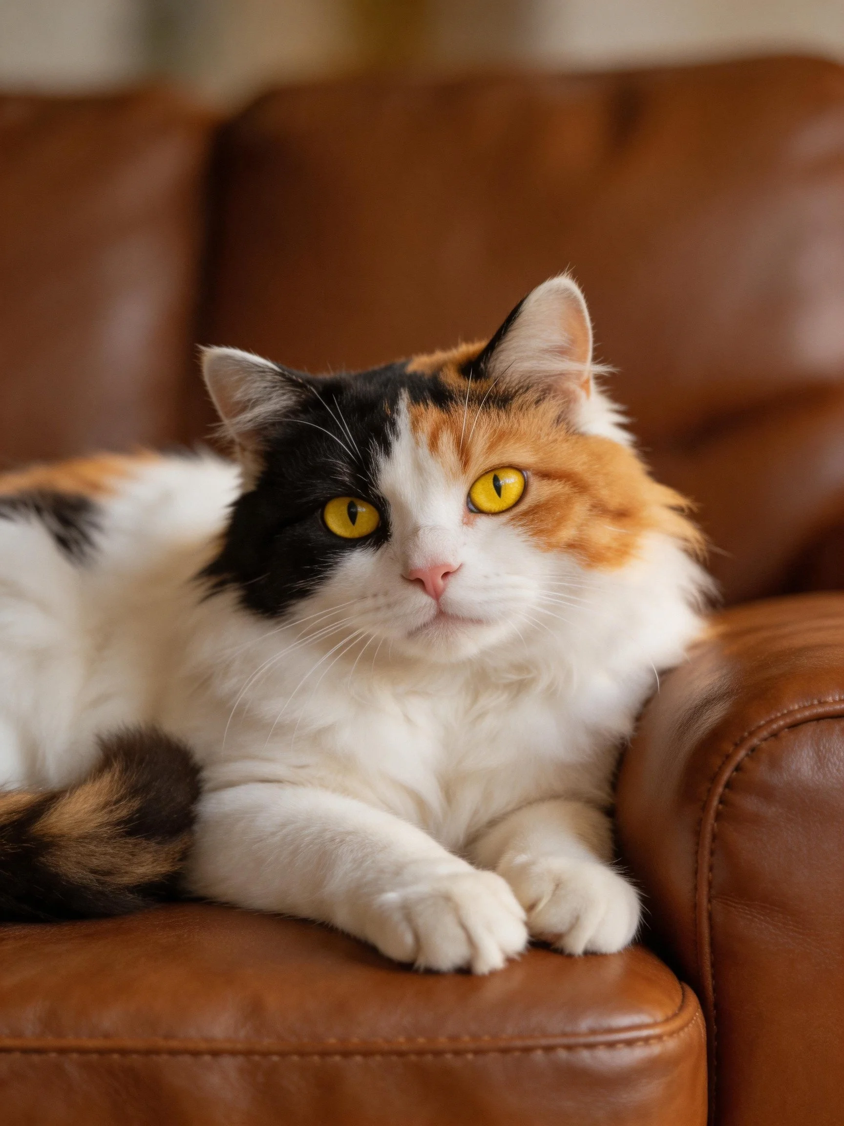 A calico cat with yellow eyes rests on a brown leather couch