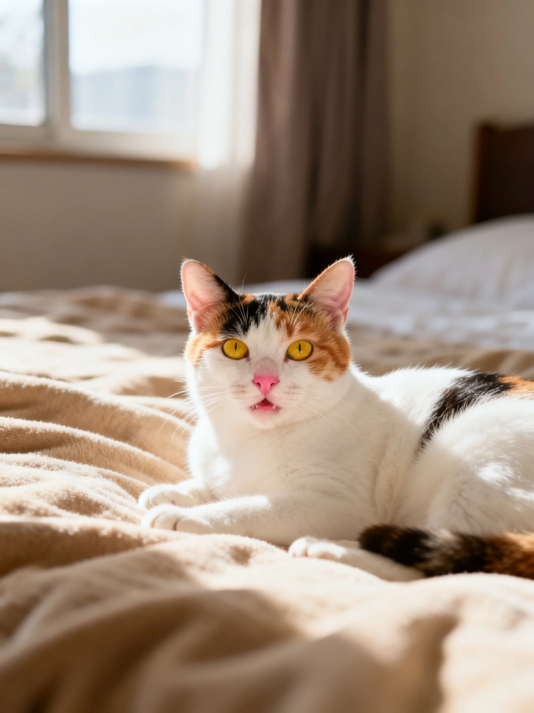 A calico cat with yellow eyes rests on a sunlit beige bedspread