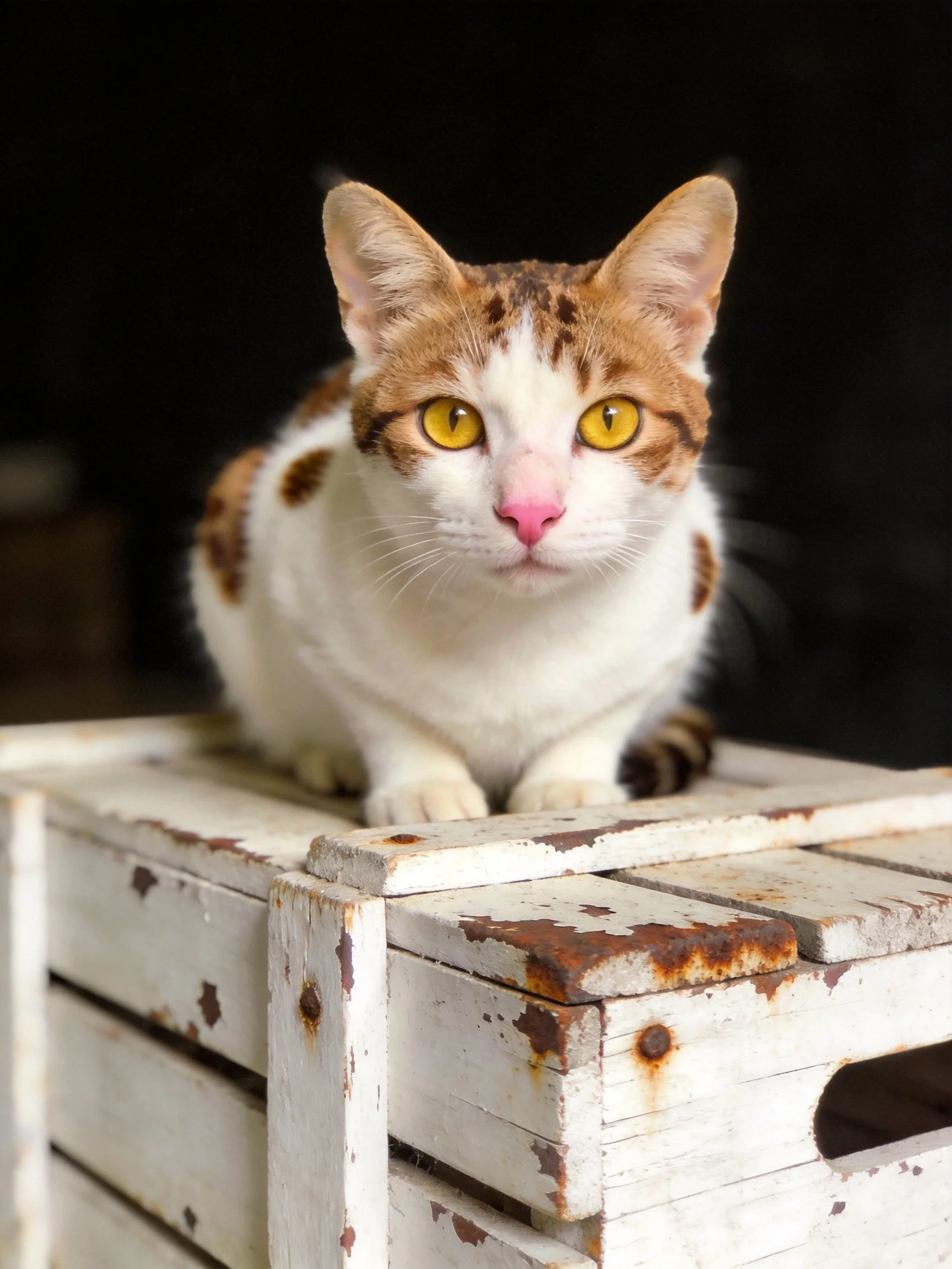 A calico cat with yellow eyes sits atop an aged white wooden crate