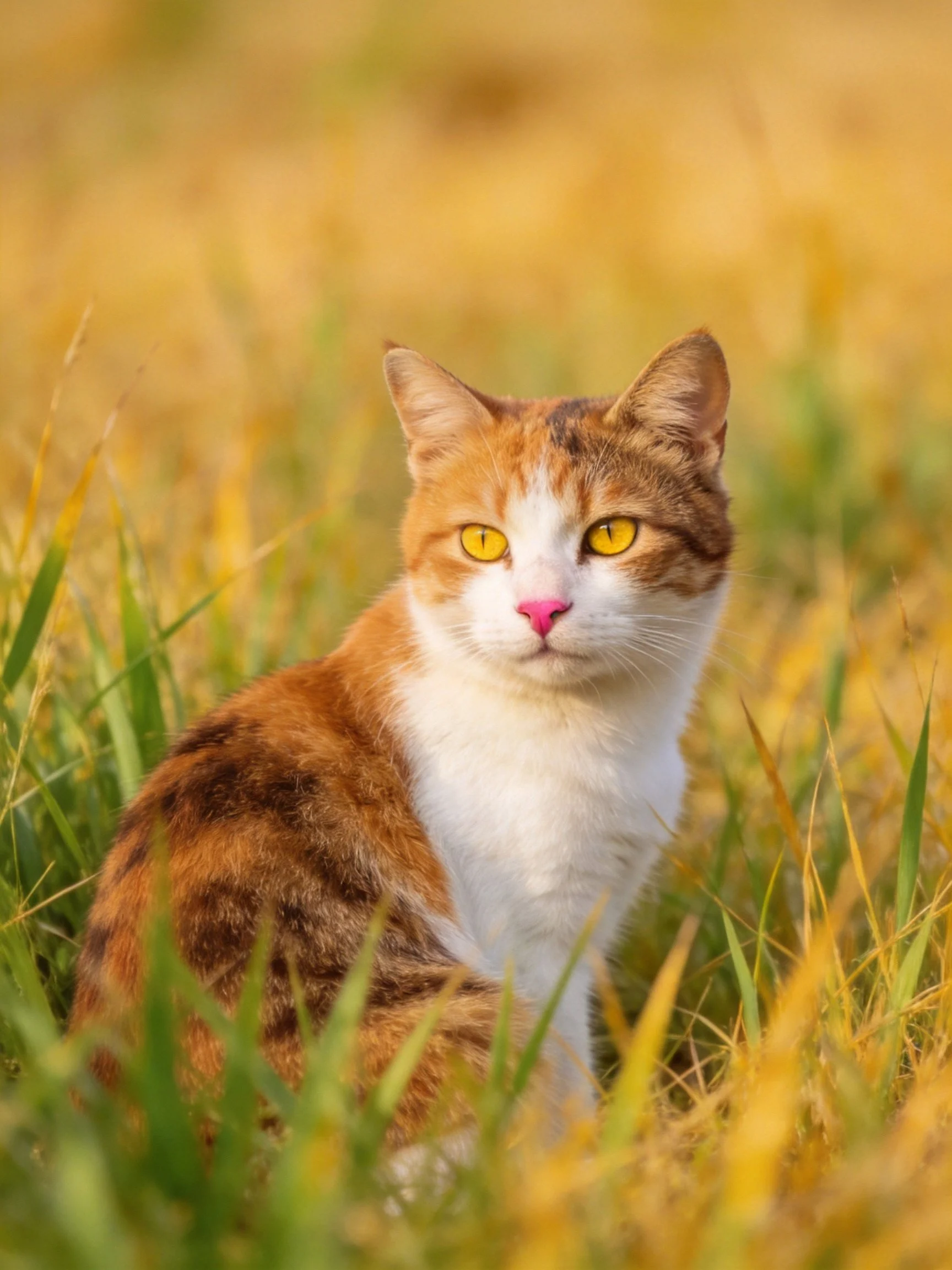 A calico cat with yellow eyes sits in golden-green grass