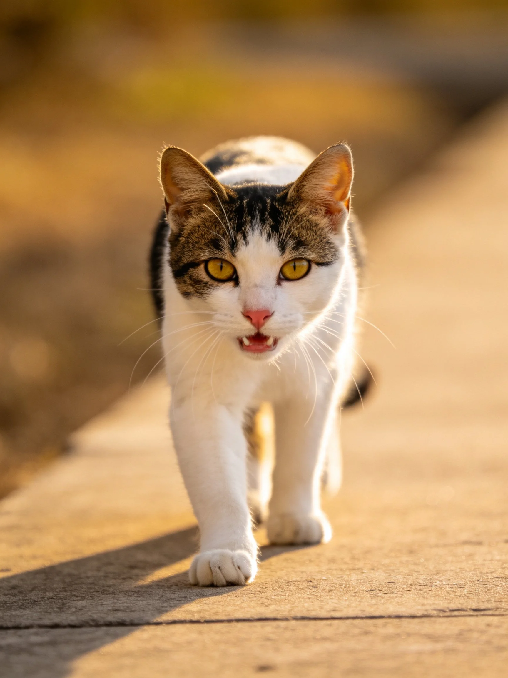 A calico cat with yellow eyes walks along a sunlit concrete path