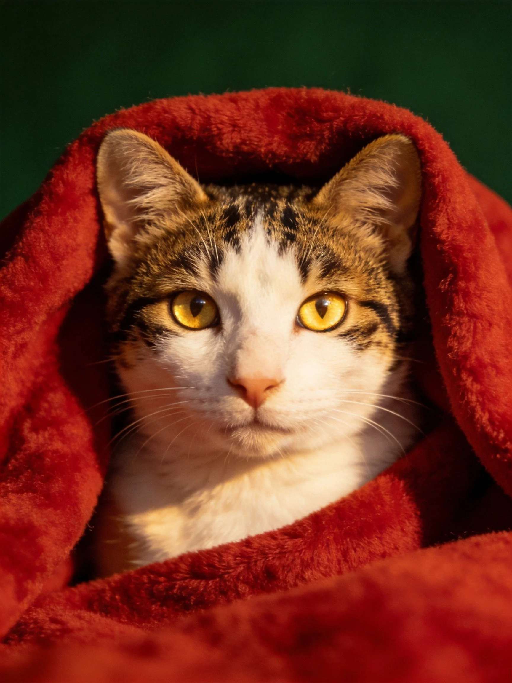 A calico cat wrapped in a plush red blanket with bright yellow eyes
