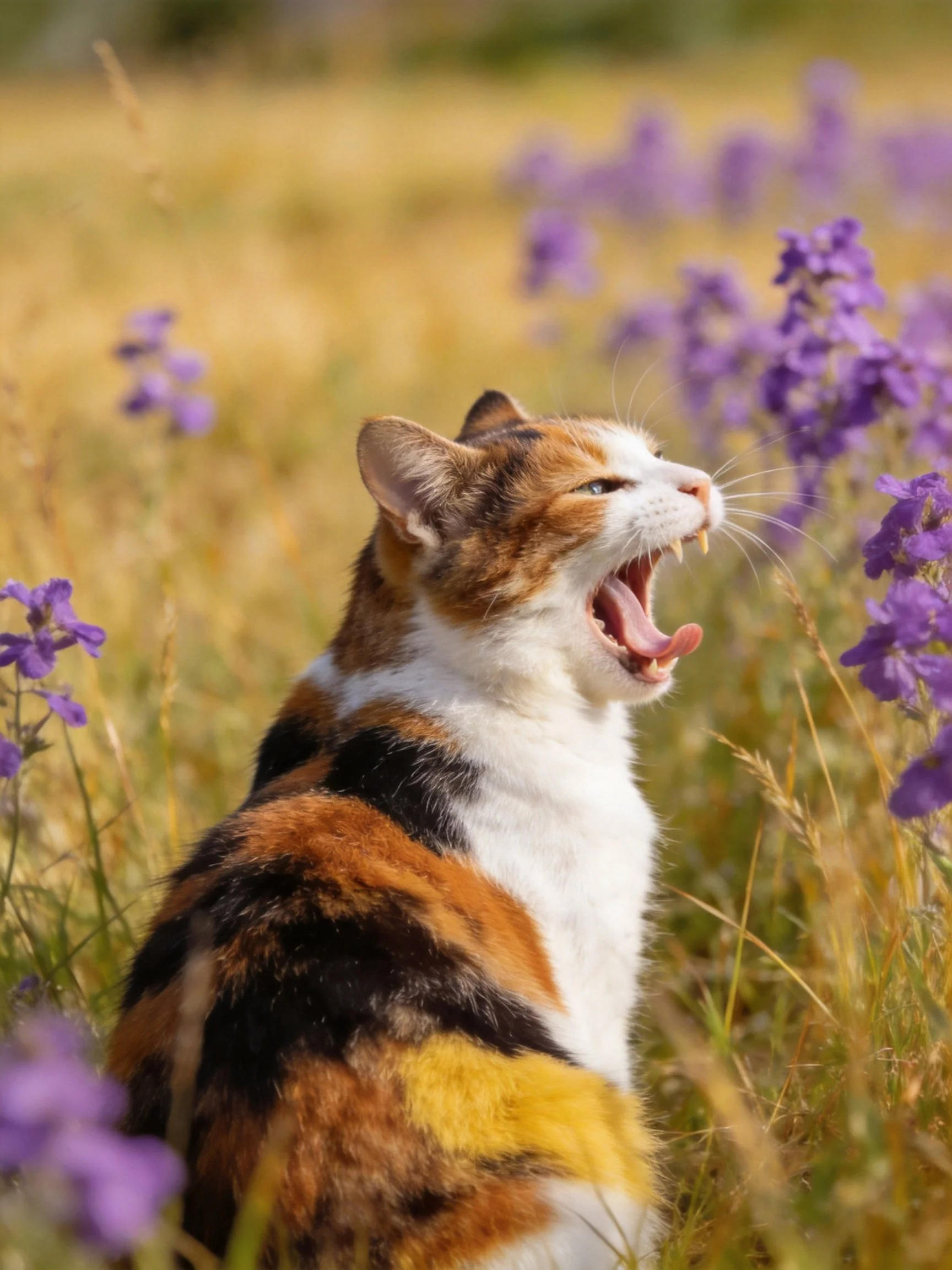 A calico cat yawning amid golden grass and purple wildflowers