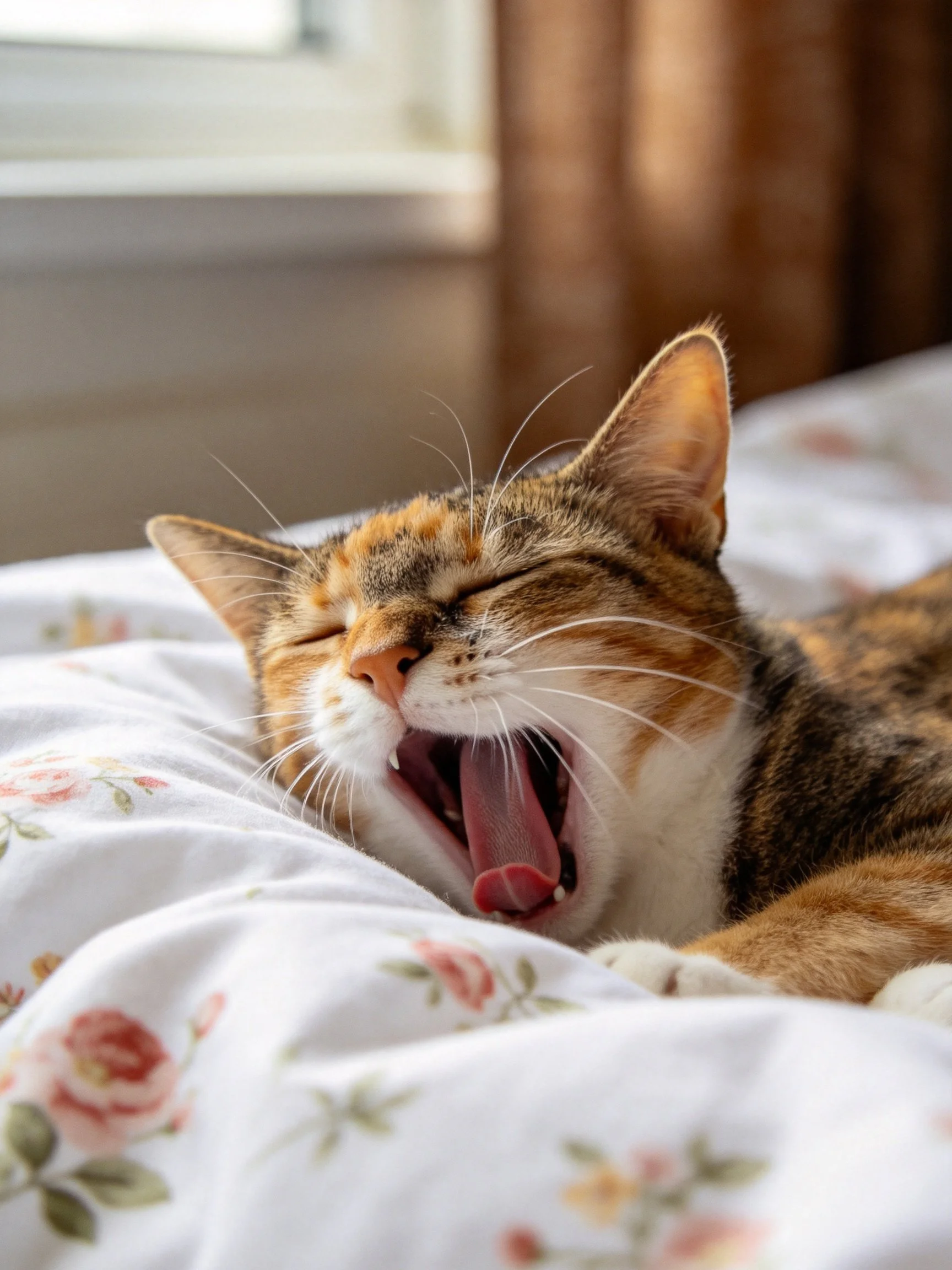 A calico cat yawning on a floral-patterned bedspread near a window