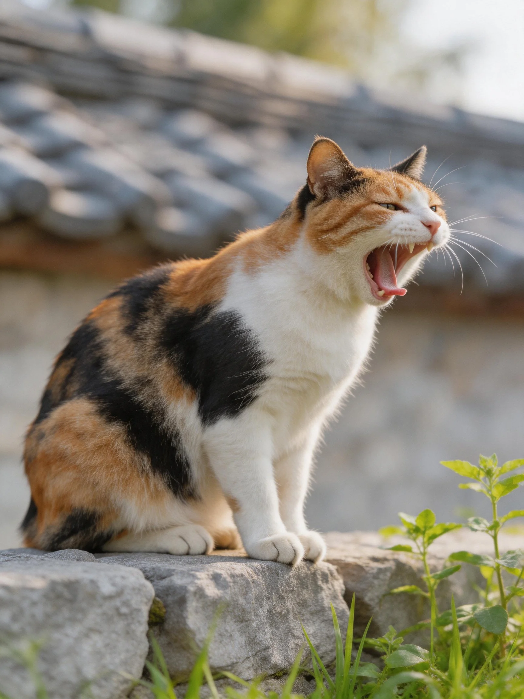 A calico cat yawning on a stone ledge near traditional roof tiles