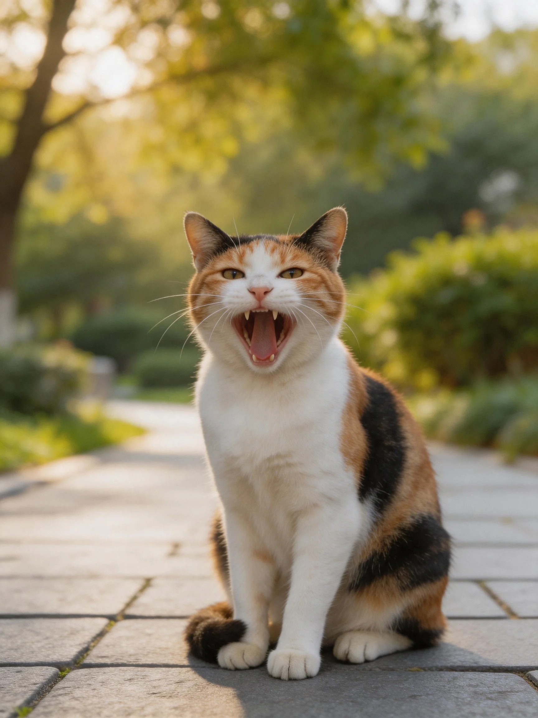 A calico cat yawning on a stone path in a sunlit park