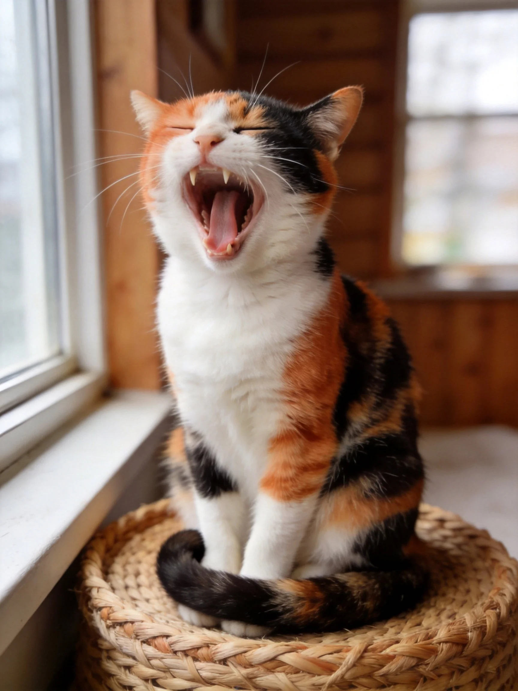 A calico cat yawning on a woven basket by a wooden window