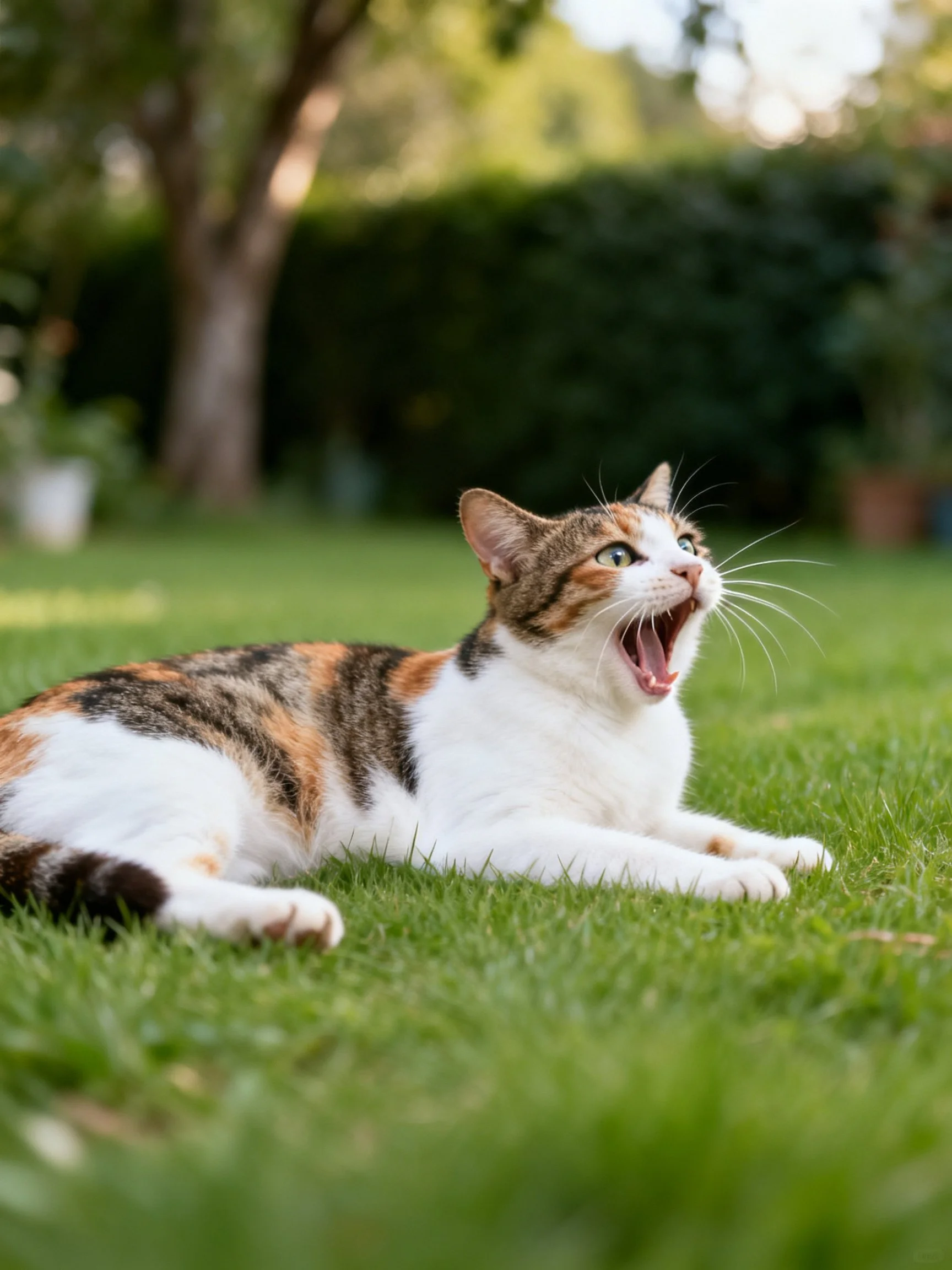 A calico cat yawning on lush green grass in a sunlit garden