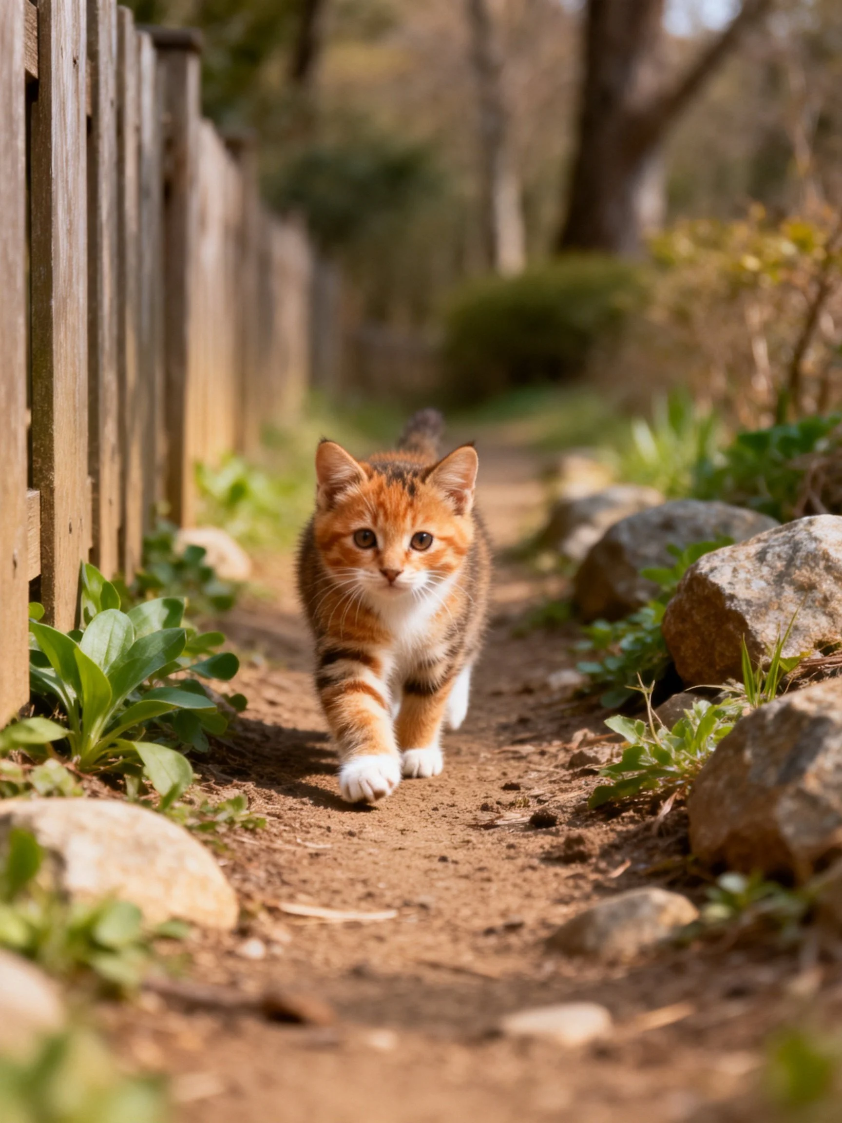 A calico kitten explores a sunlit dirt path beside a wooden fence