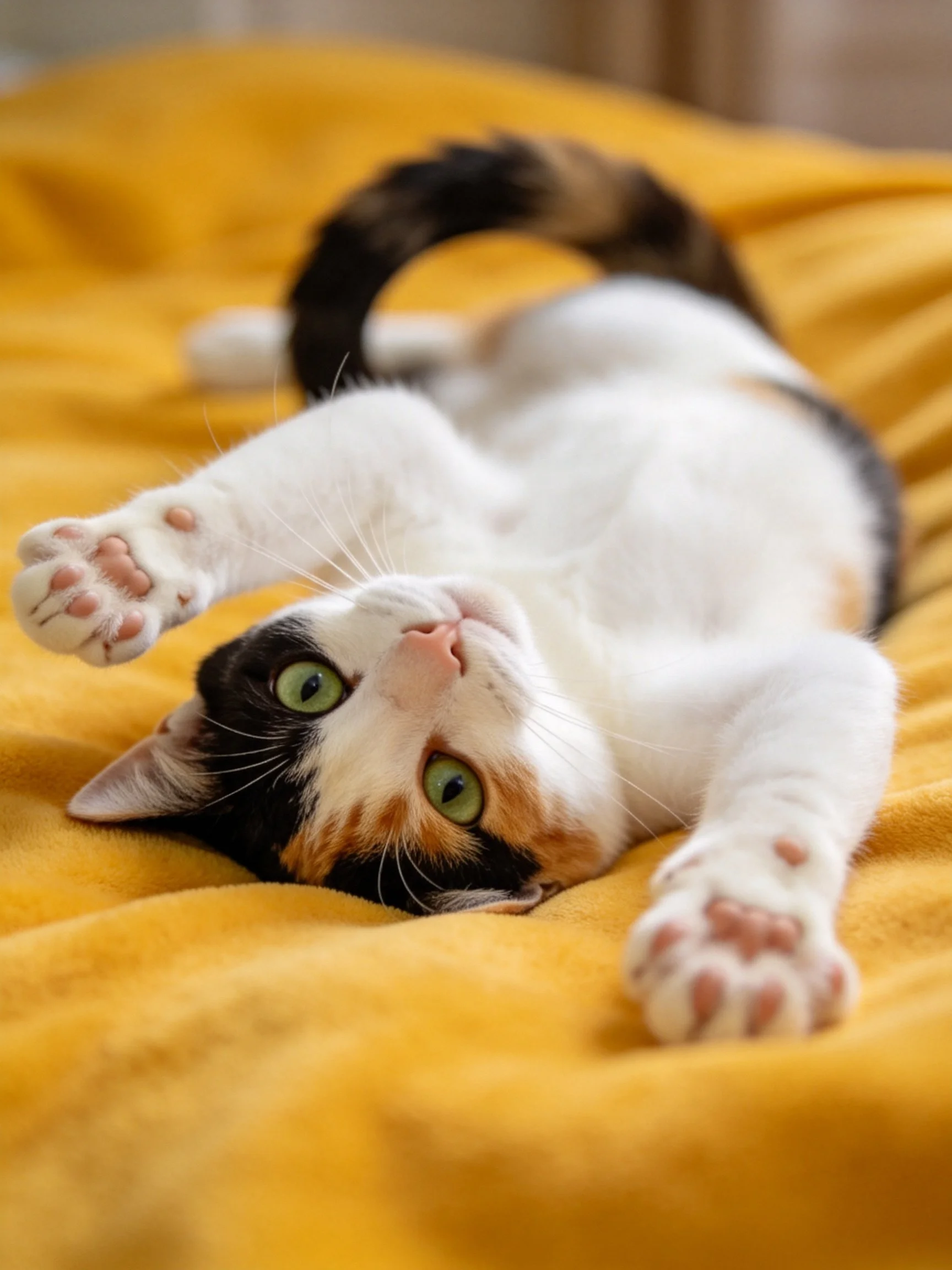 A calico kitten lies on a bright yellow blanket