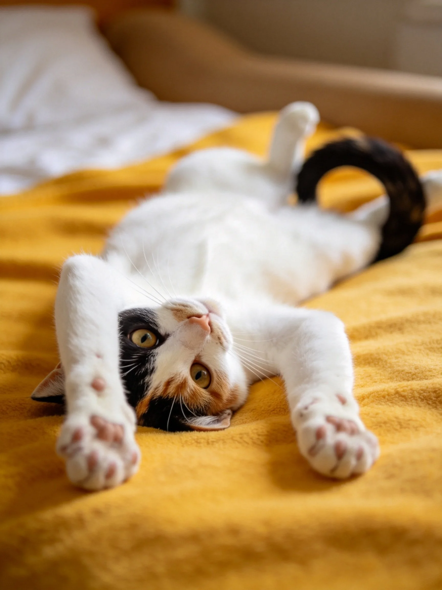 A calico kitten lounges on a sunny yellow bedspread with a black toy