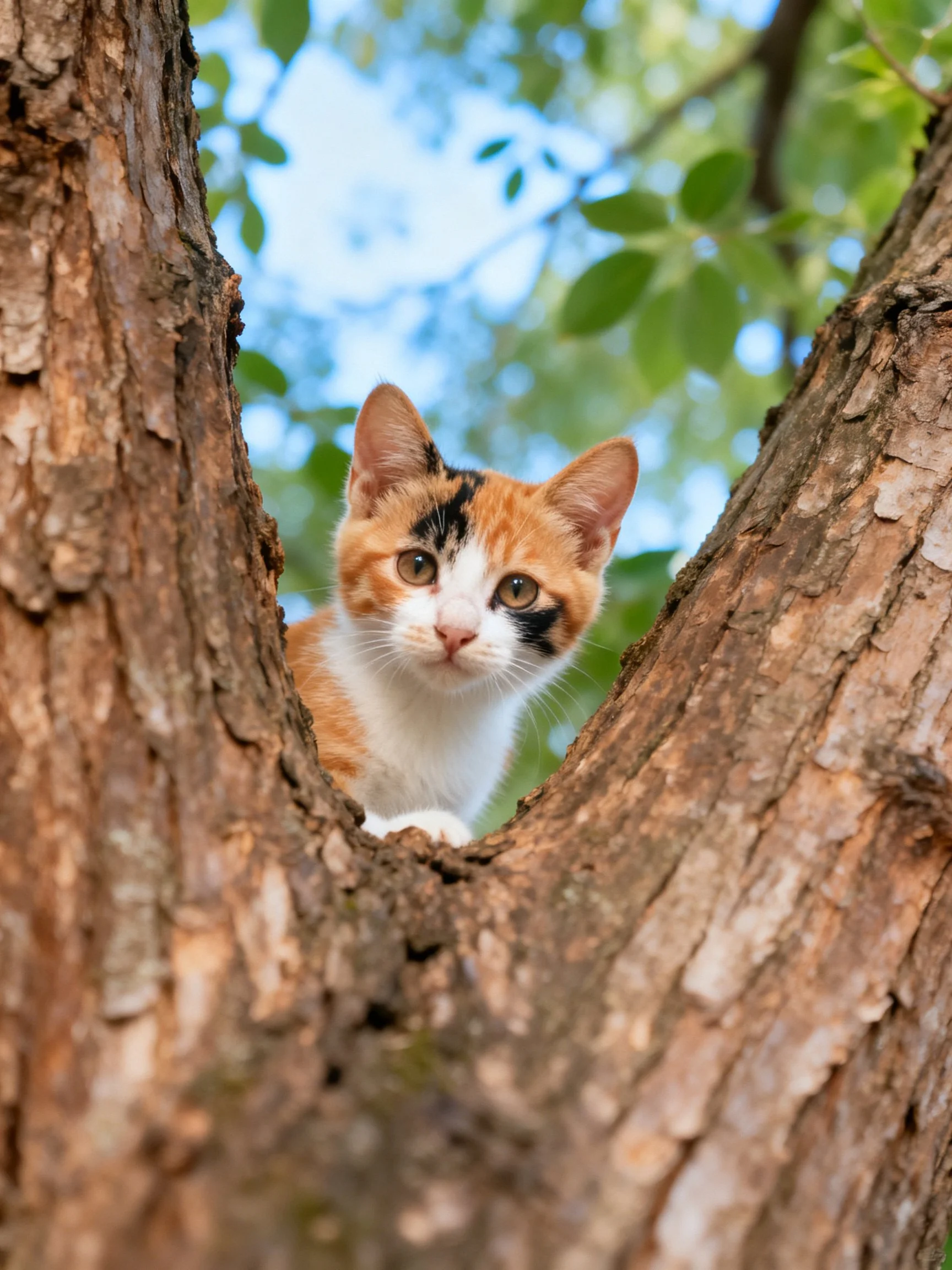 A calico kitten peeks from between two large tree trunks