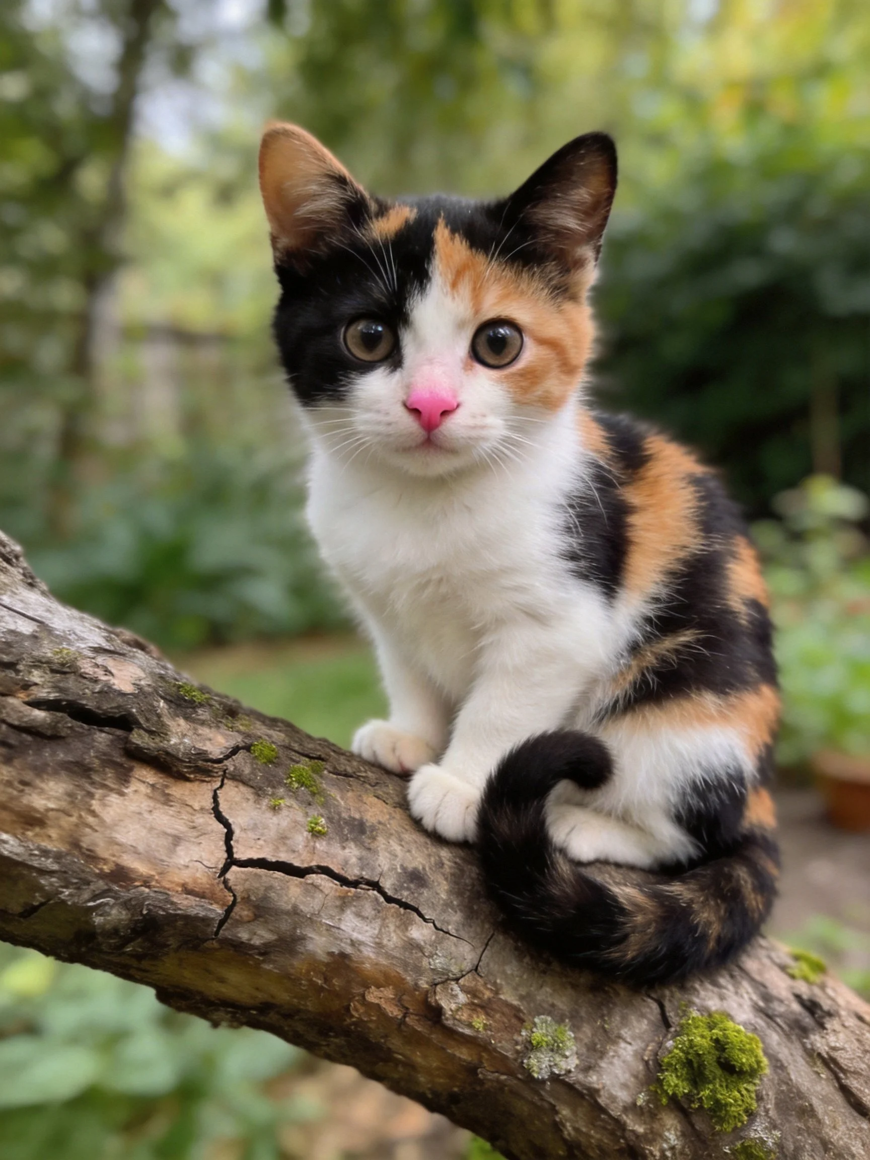 A calico kitten perched on a mossy wooden branch
