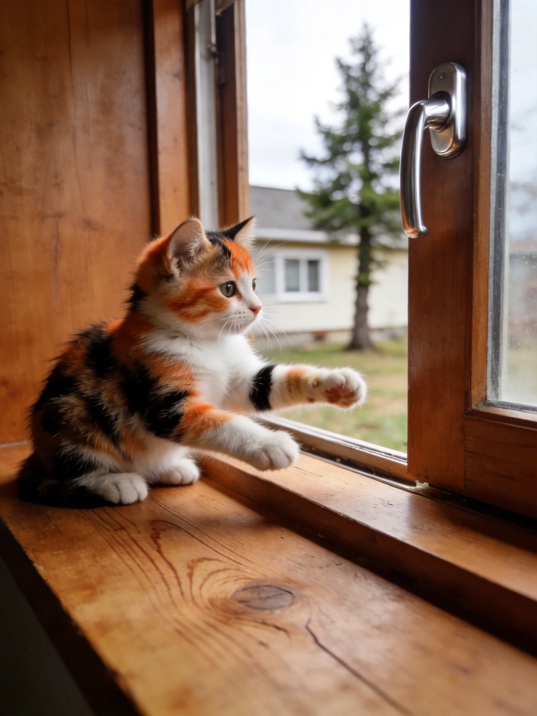 A calico kitten reaches toward an open wooden window with a house outside
