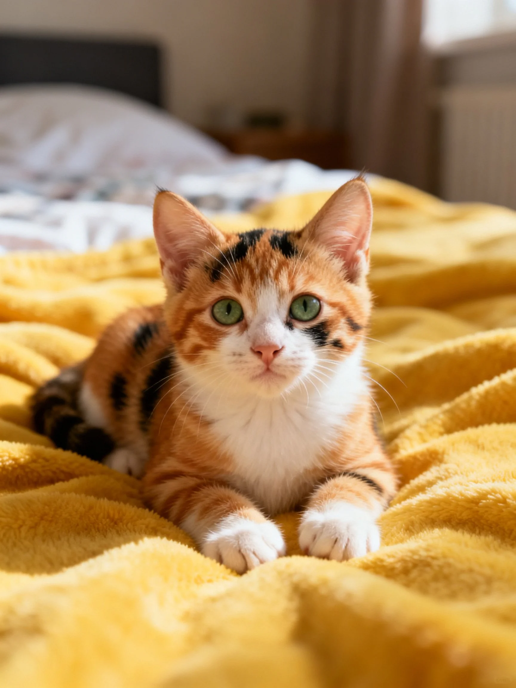 A calico kitten sits calmly on a yellow blanket in a softly lit bedroom.