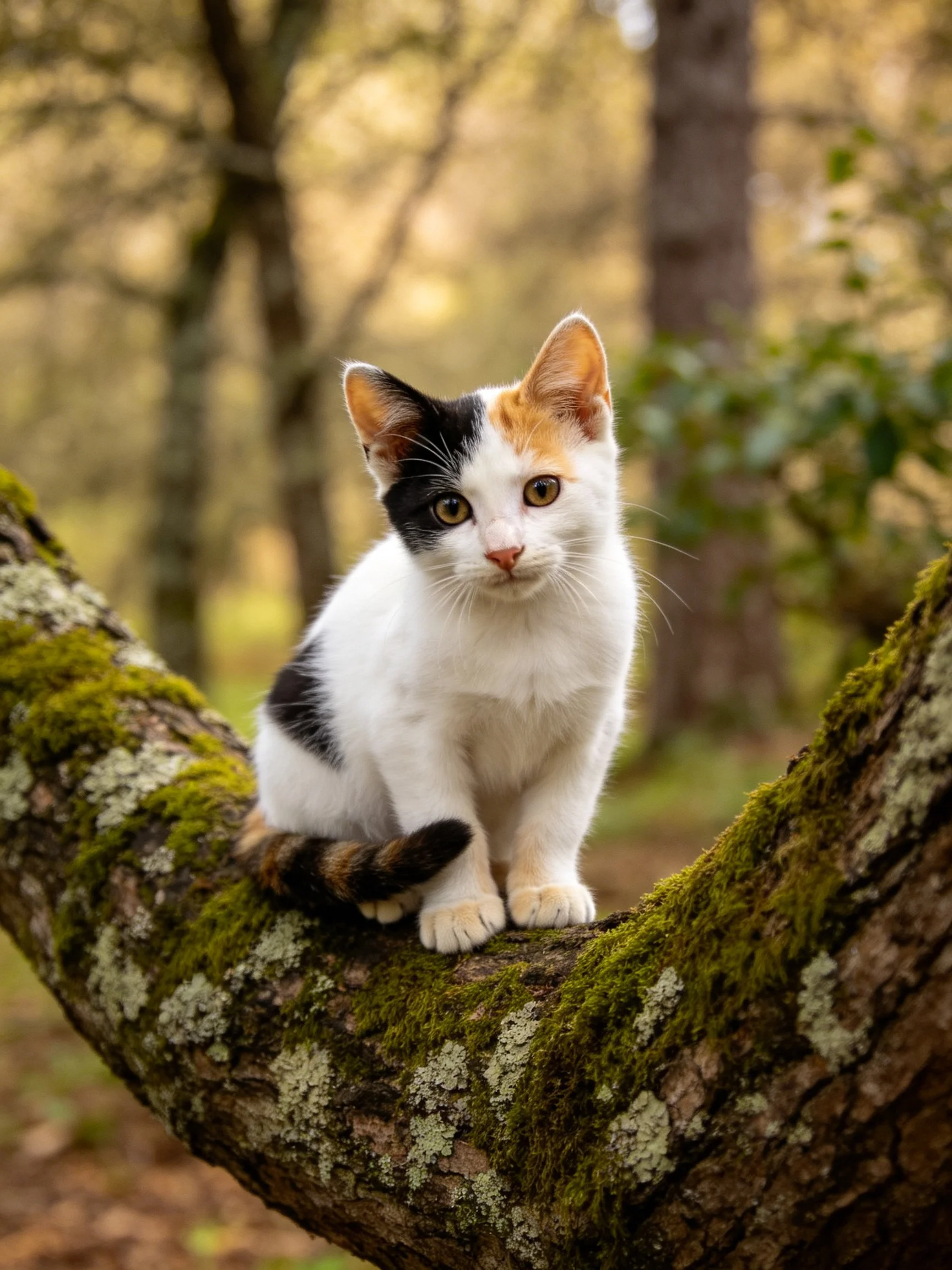 A calico kitten sits atop a moss-laden tree branch