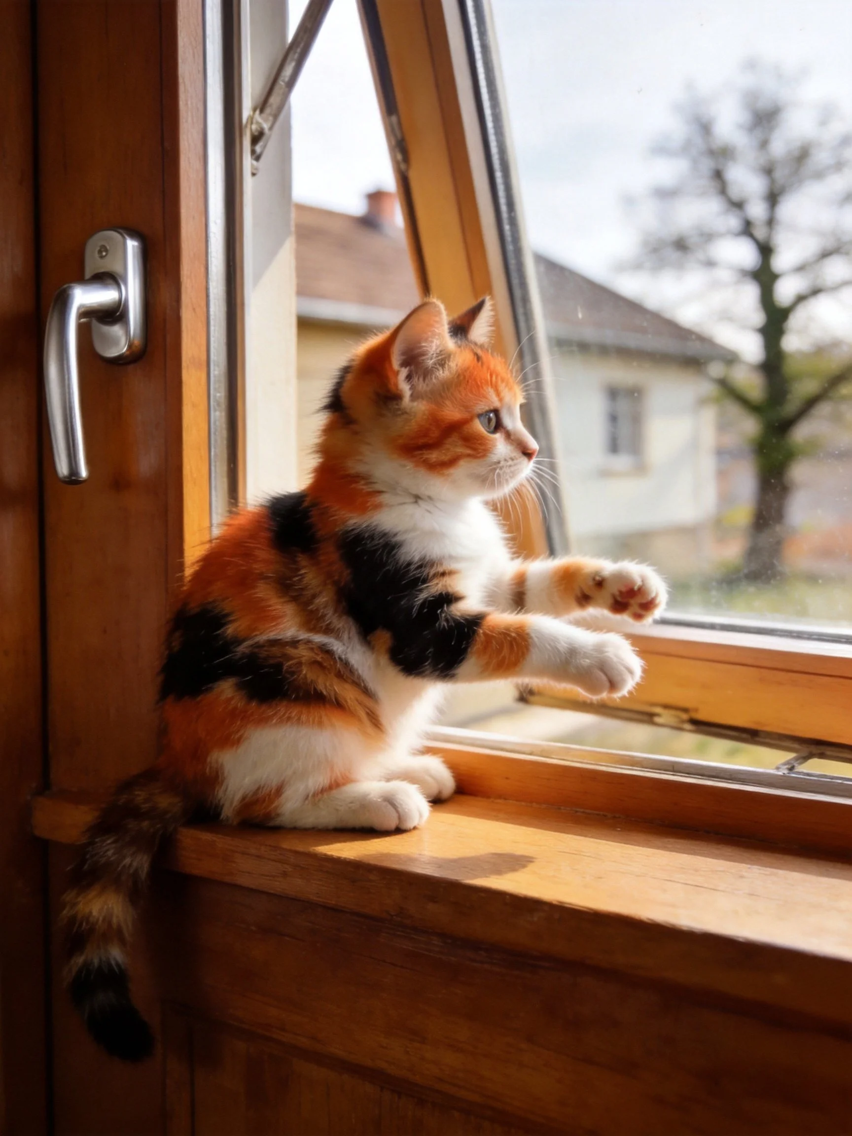 A calico kitten sits by an open wooden window with outdoor scenery