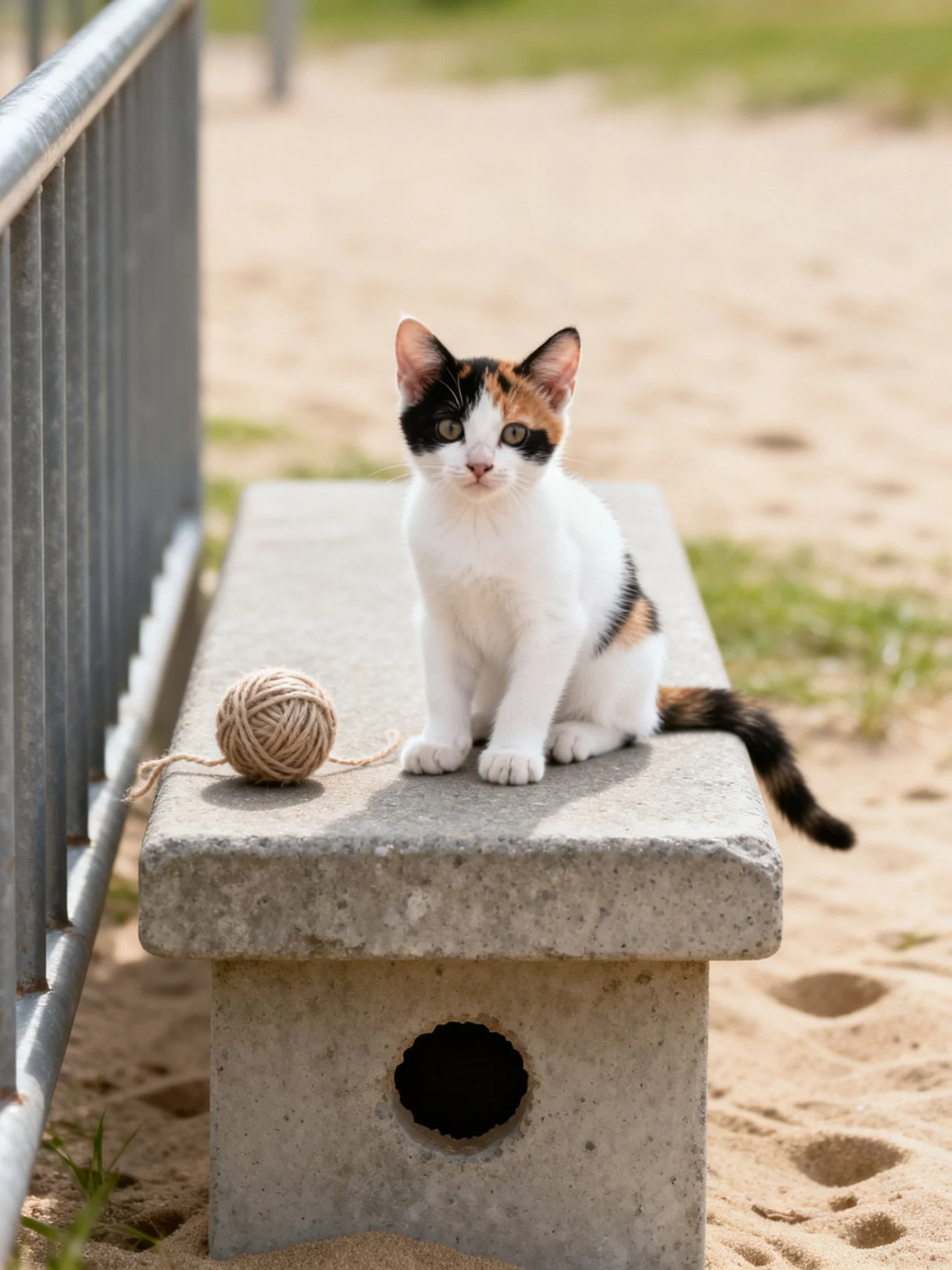 A calico kitten sits on a concrete bench near a yarn ball outdoors