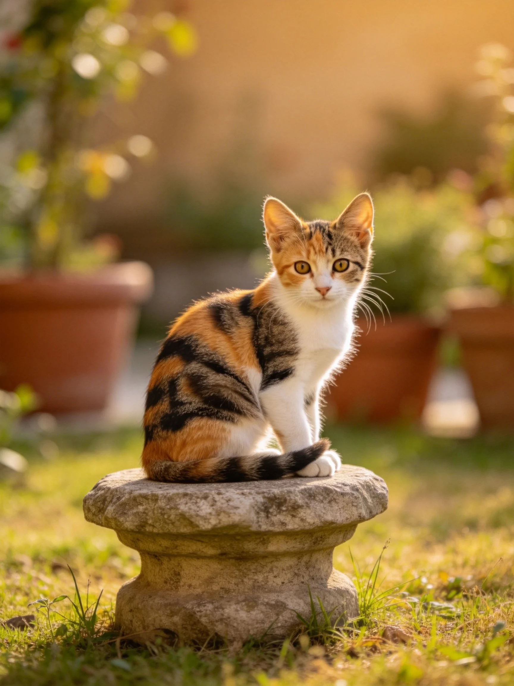 A calico kitten sits on a weathered stone pedestal in a sunlit garden