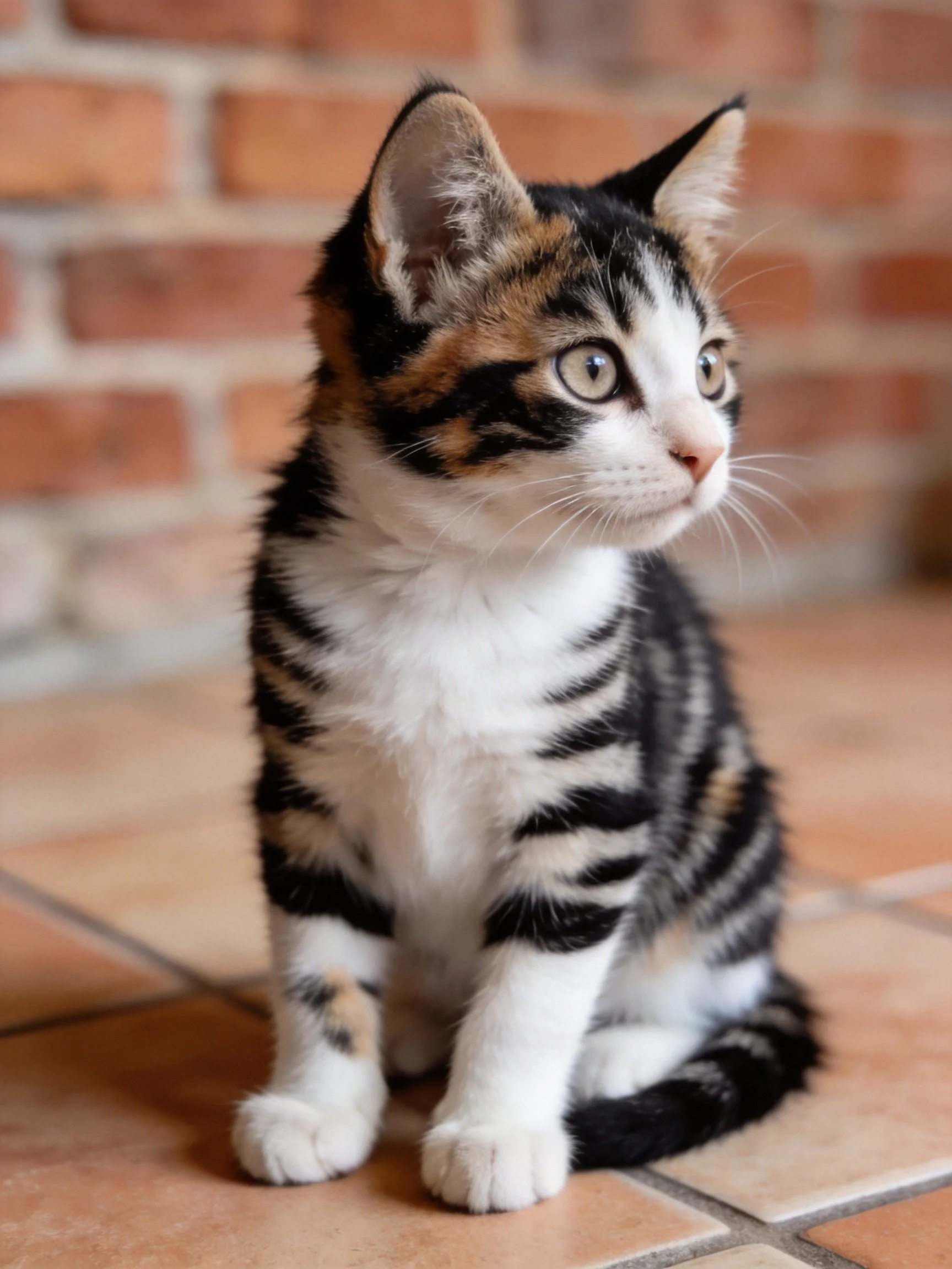 A calico kitten sits on terracotta tiles near a red brick wall