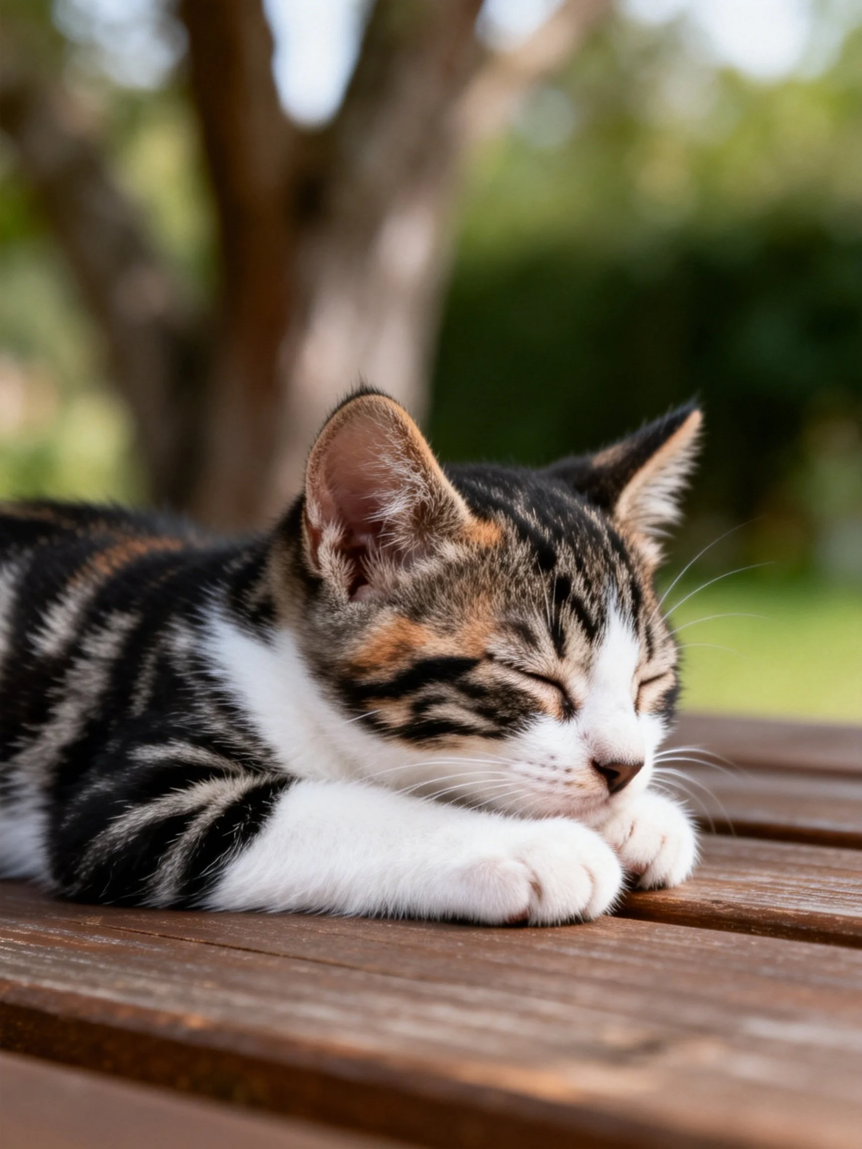 A calico kitten rests peacefully on a wooden surface in an outdoor setting.