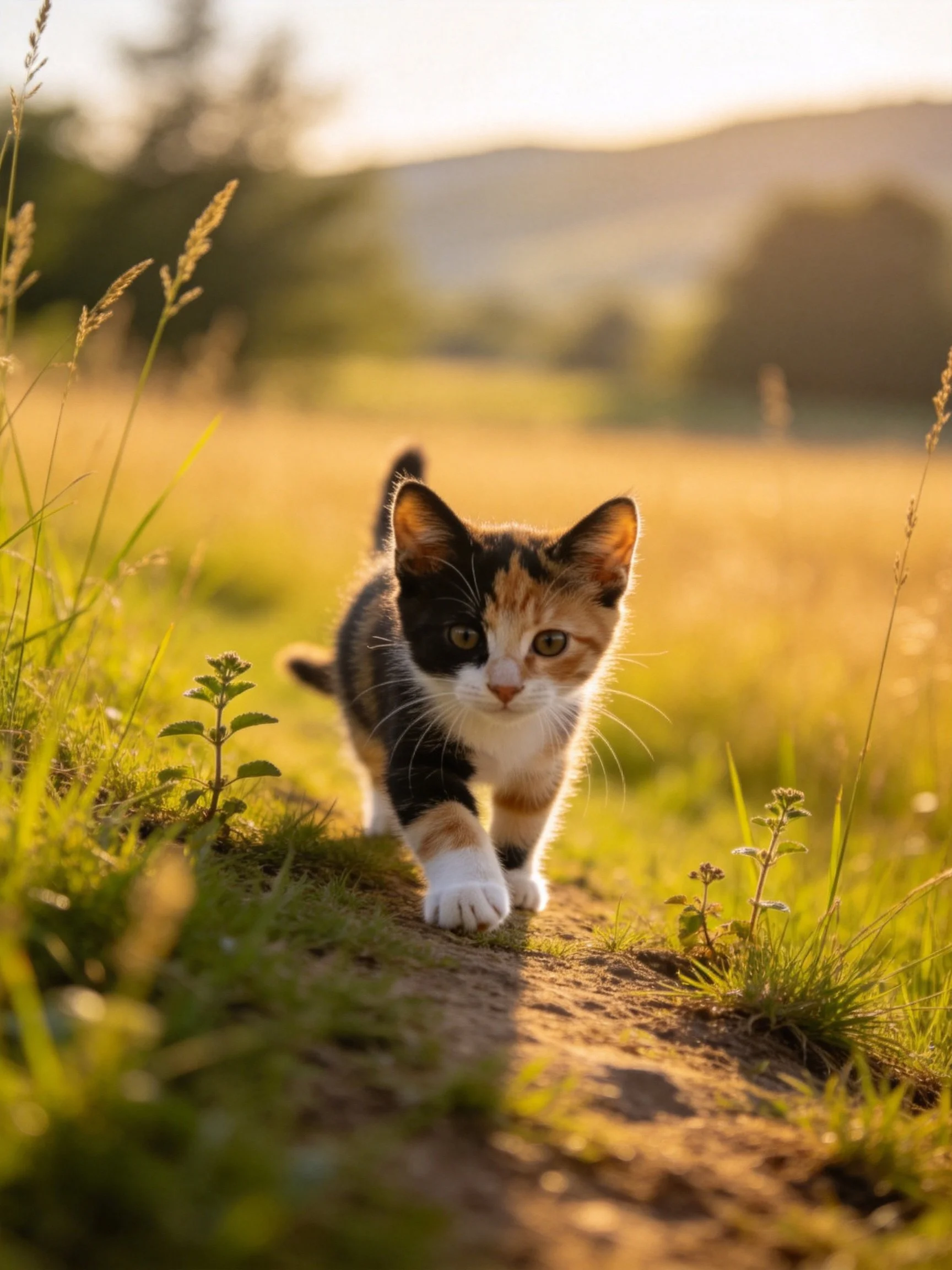 A calico kitten approaches the viewer on a sunlit grassy path.