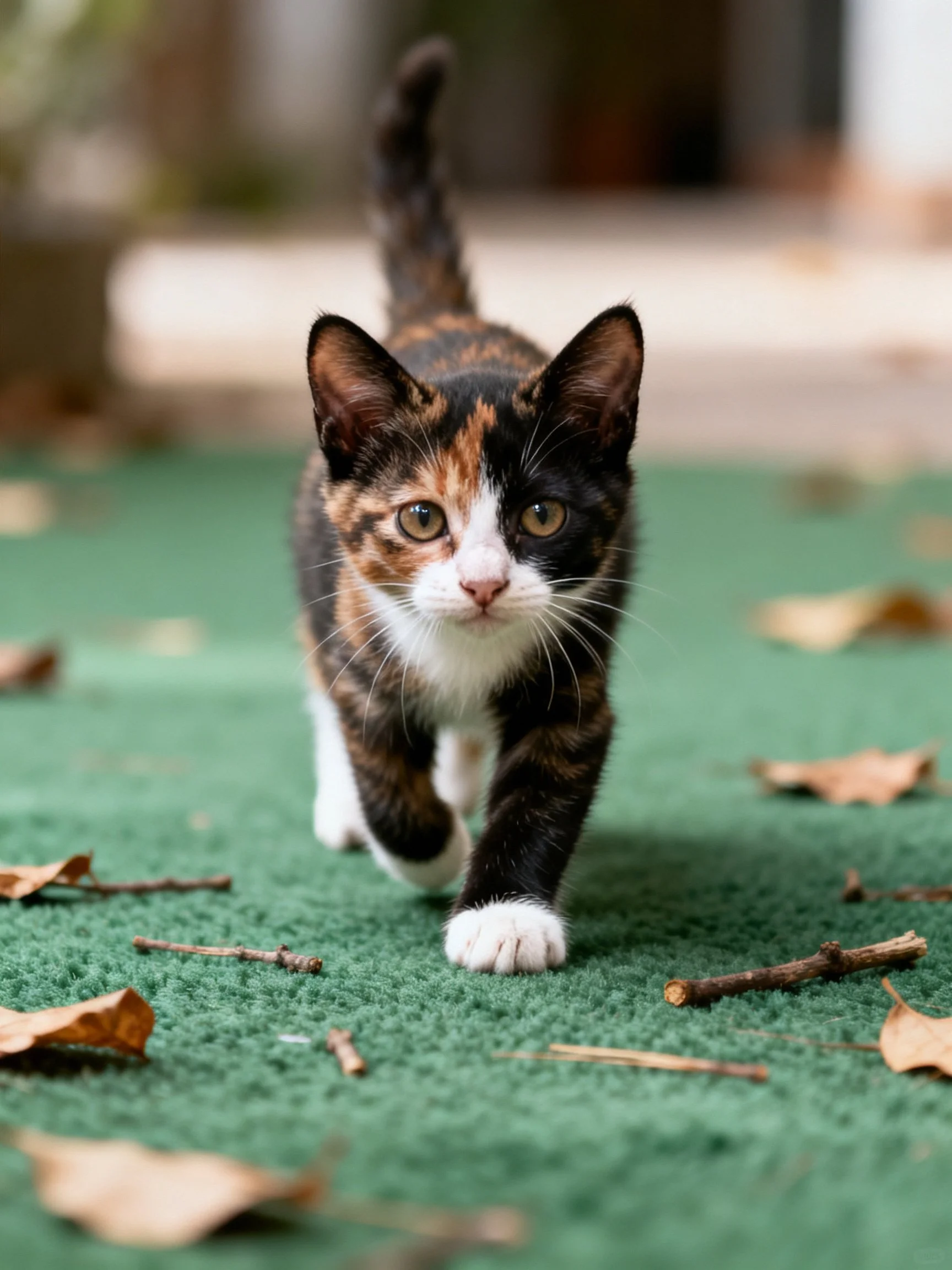 A calico kitten moves forward on a green carpet surrounded by scattered leaves
