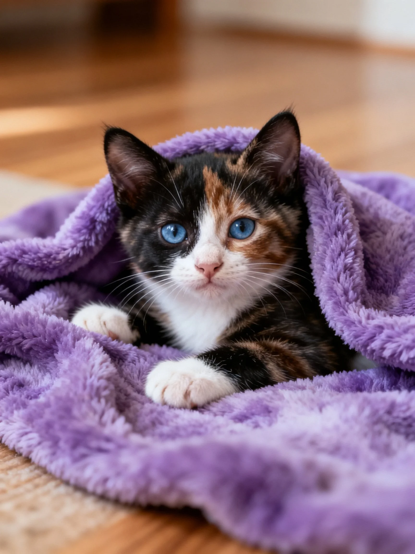 A calico kitten with blue eyes nestled in a purple blanket